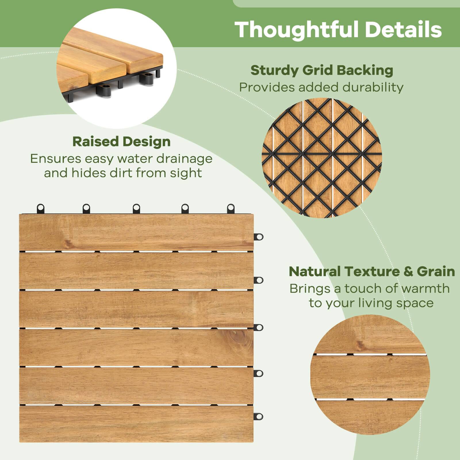 Thoughtful Details  
Sturdy Grid Backing  
Provides added durability  

Raised Design  
Ensures easy water drainage and hides dirt from sight  

Natural Texture & Grain  
Brings a touch of warmth to your living space