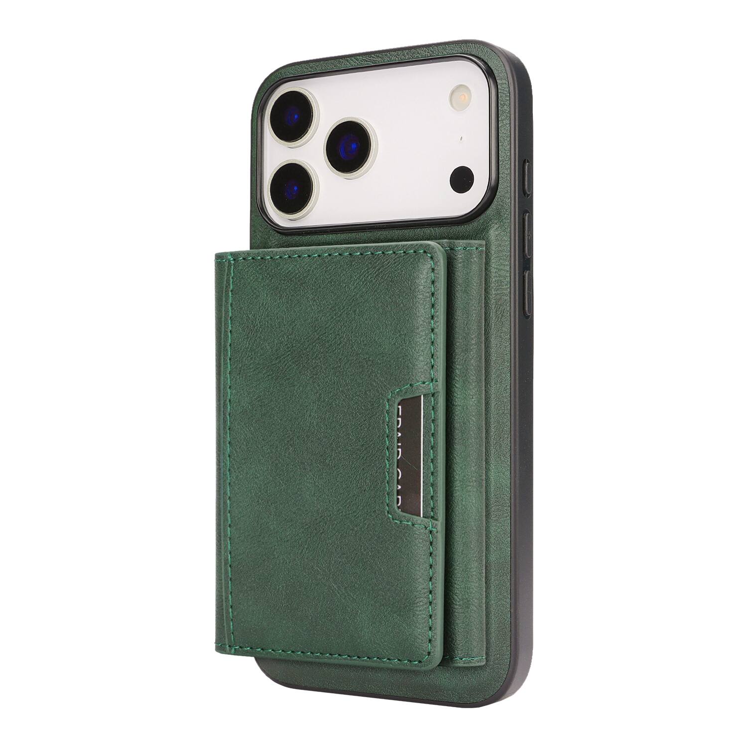 Angle. Dteck - 2-in-1 Magnetic Wallet Case for Apple iPhone 17 Pro Max, Shockproof PU Leather Cover with Detachable 7-Card Holder - Green.