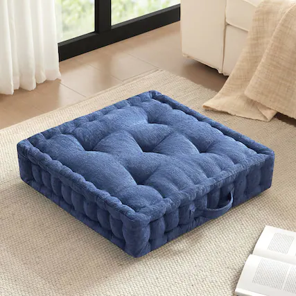 Front. APRILSOUL - Poly Chenille Square Floor Pillow Cushion-24 x 24 in - Navy Blue.