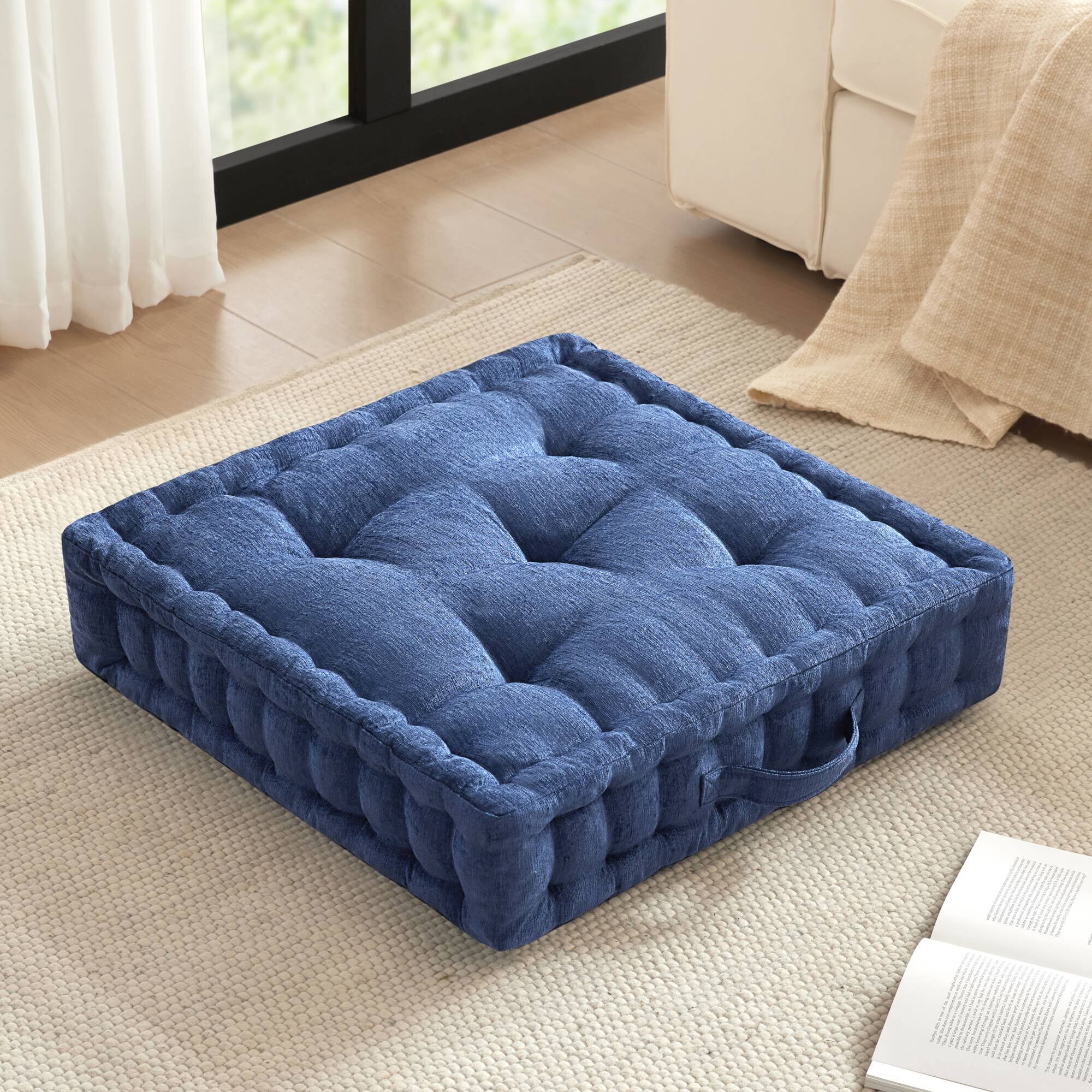 Front. APRILSOUL - Poly Chenille Square Floor Pillow Cushion-24 x 24 in - Navy Blue.