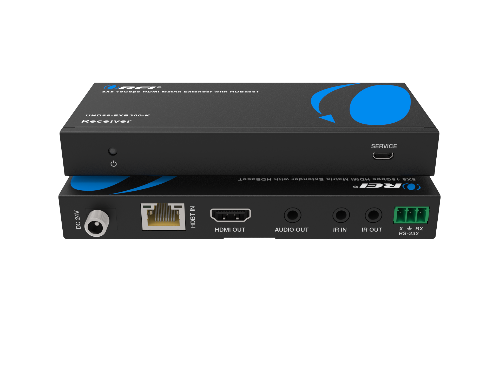 LREY - UHDBB-EXB300-K Receiver  
SERVICE HDBaseT with Extender Matrix HDMI 1805ps  
UXS  
RC 24V DC IN  
HDBT IN  
HDMI OUT  
AUDIO OUT  
IR IN  
IR OUT  
RS-232