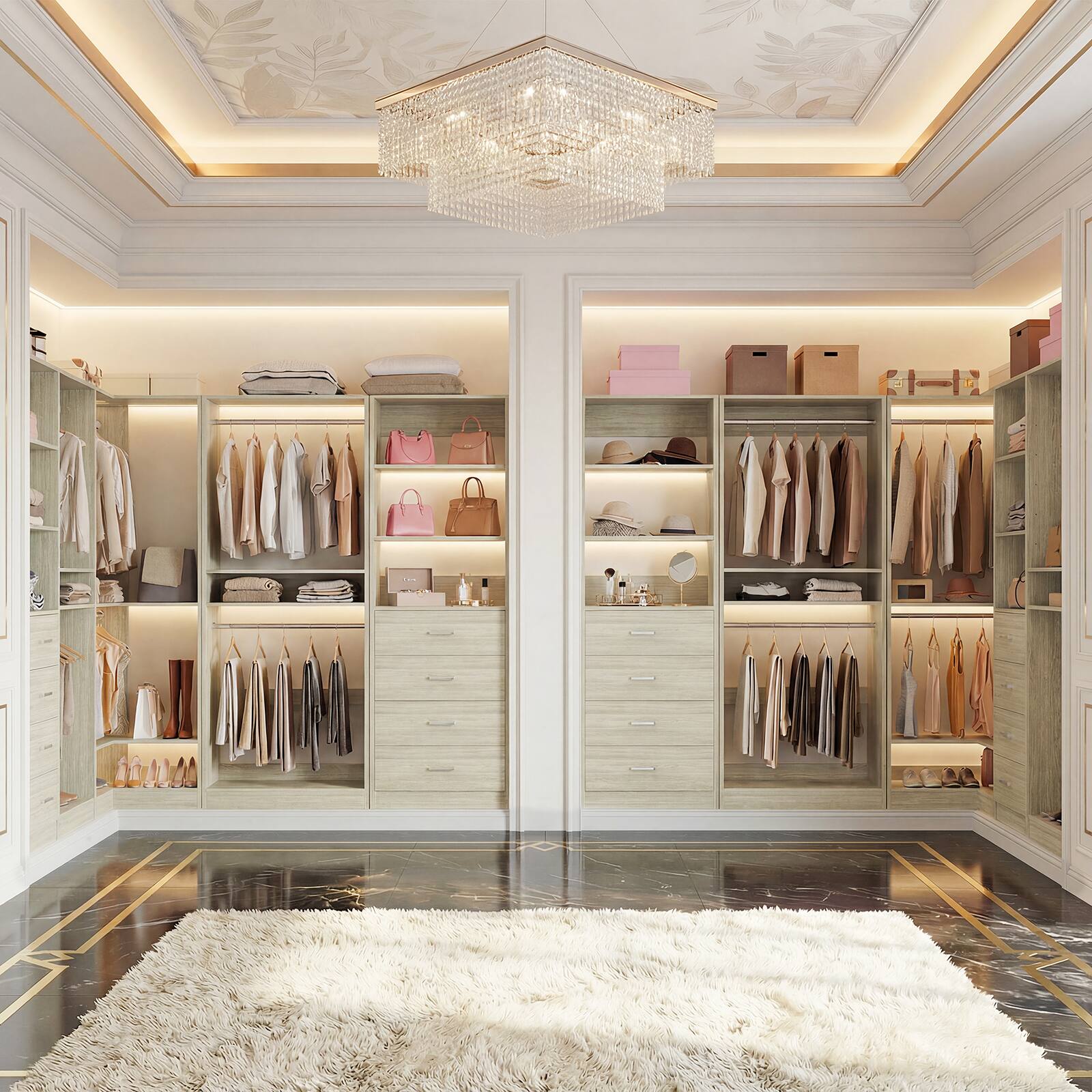 Back. Aheaplus - 46.3" Walk-in Closet Organizer System with 4 Wooden Drawers and 2 Hanging Rods - Beige Oak.