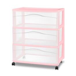 Sterilite - Wide 3 Drawer Storage Cart, Plastic Rolling Organization Cart - Pink
