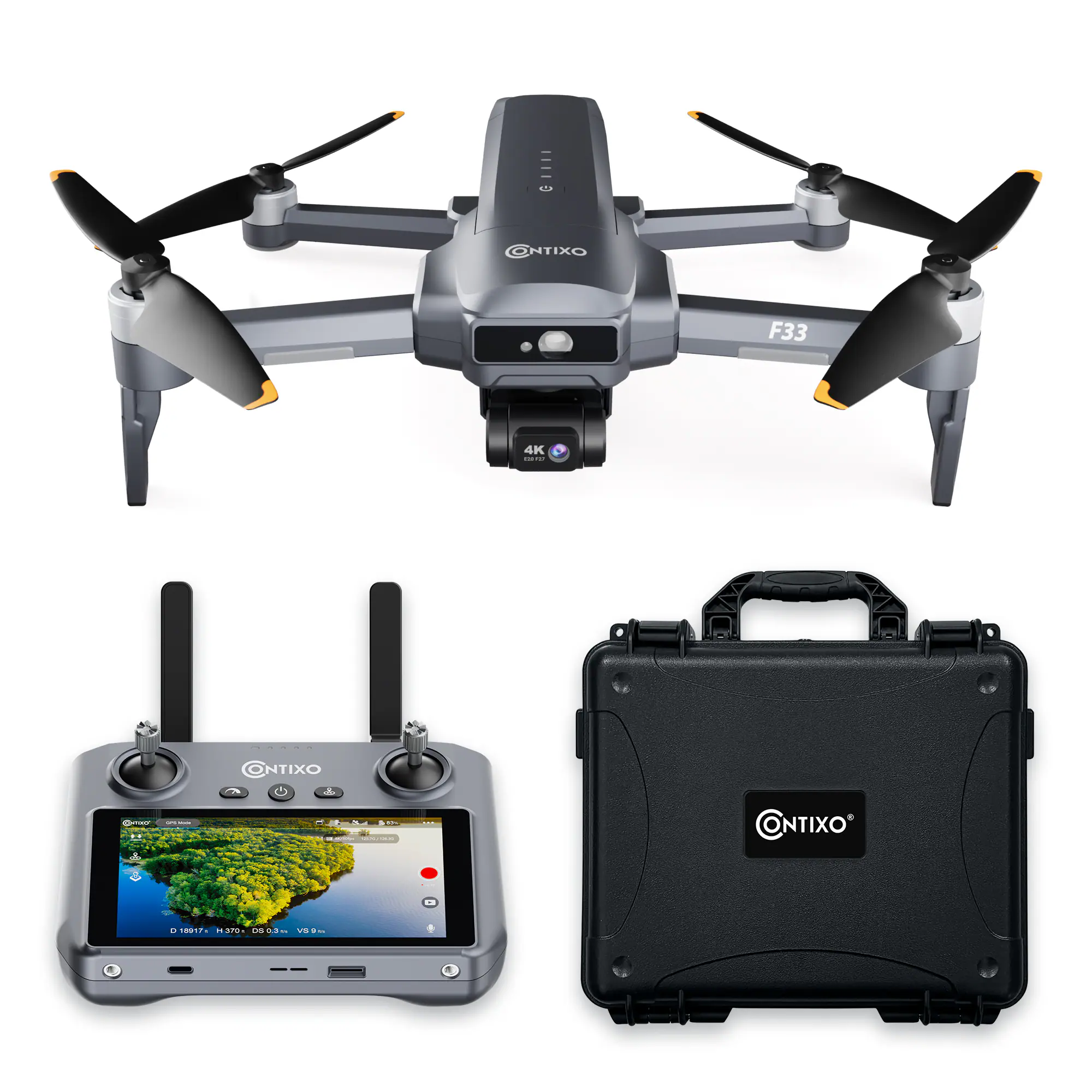 Contixo - F33 Vortex 4K GPS Drone with 2-Axis Gimbal, 6KM Range, 40-Min Flight, 5.5" HD Screen & Brushless Motor - Dark Gray