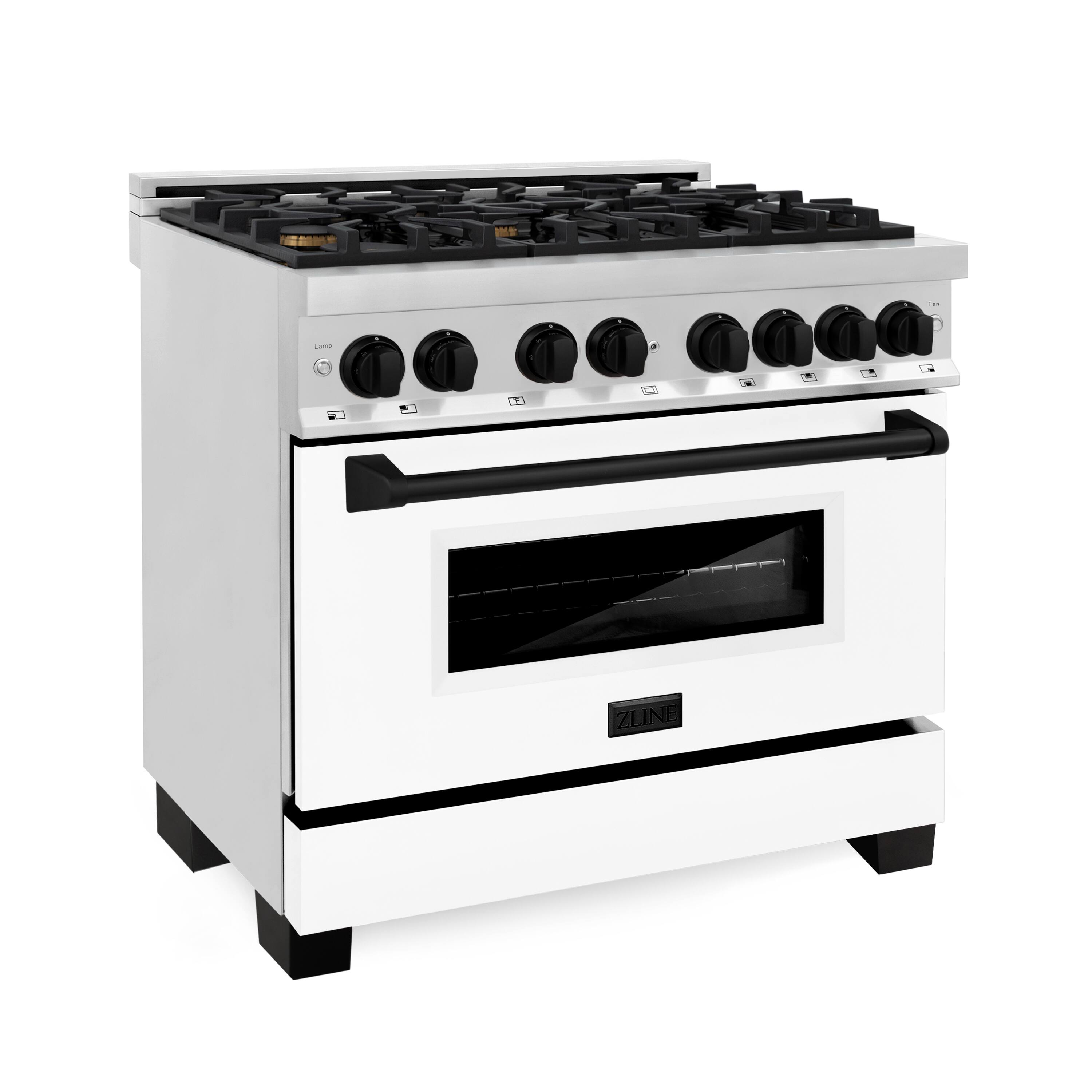 Angle. ZLINE - Autograph 36" Legacy Dual Fuel Range w/ 6 Burners & White & Black Accents (RAZ-WM-36-MB) - Stainless Steel/Matte White.