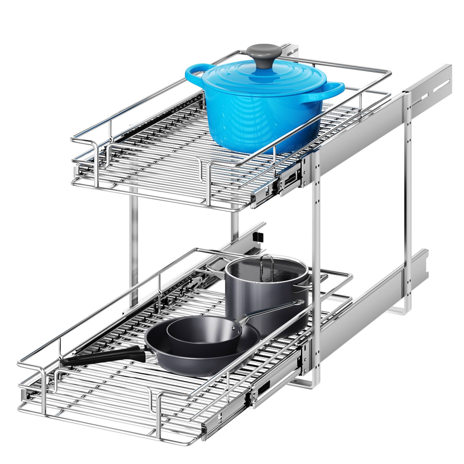 LOVMOR - 2 Tier Individual Pull Out Cabinet Organizer 13.5in W x 18in D Slide Out Kitchen Cabinet Storage Sliding Shelves - Silver