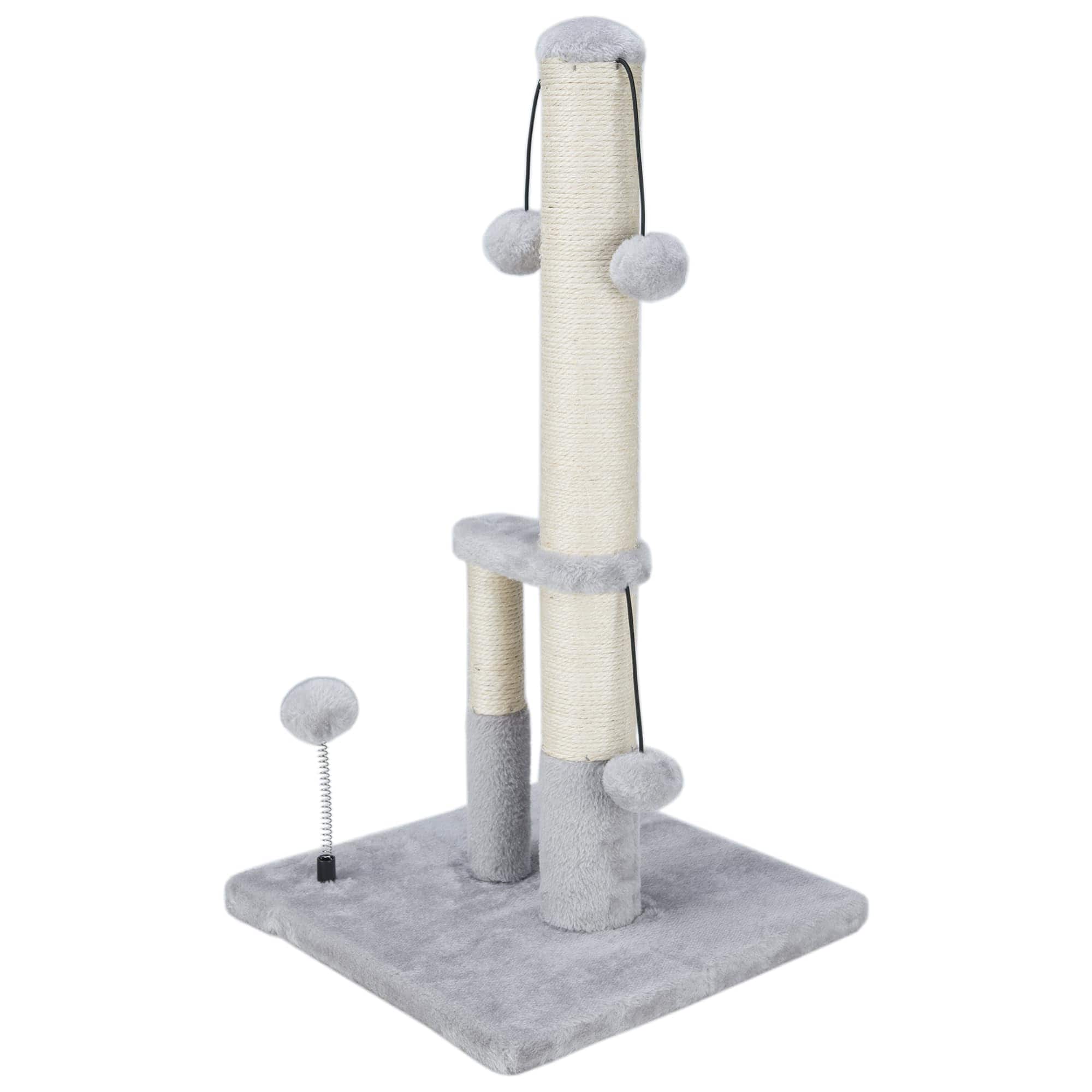 Hirose Alice - Tall Cat Double Lower Posts Extra Stable Tree Scratcher With Sisal Rope And Teasing 4 Balls Total Base - Gray
