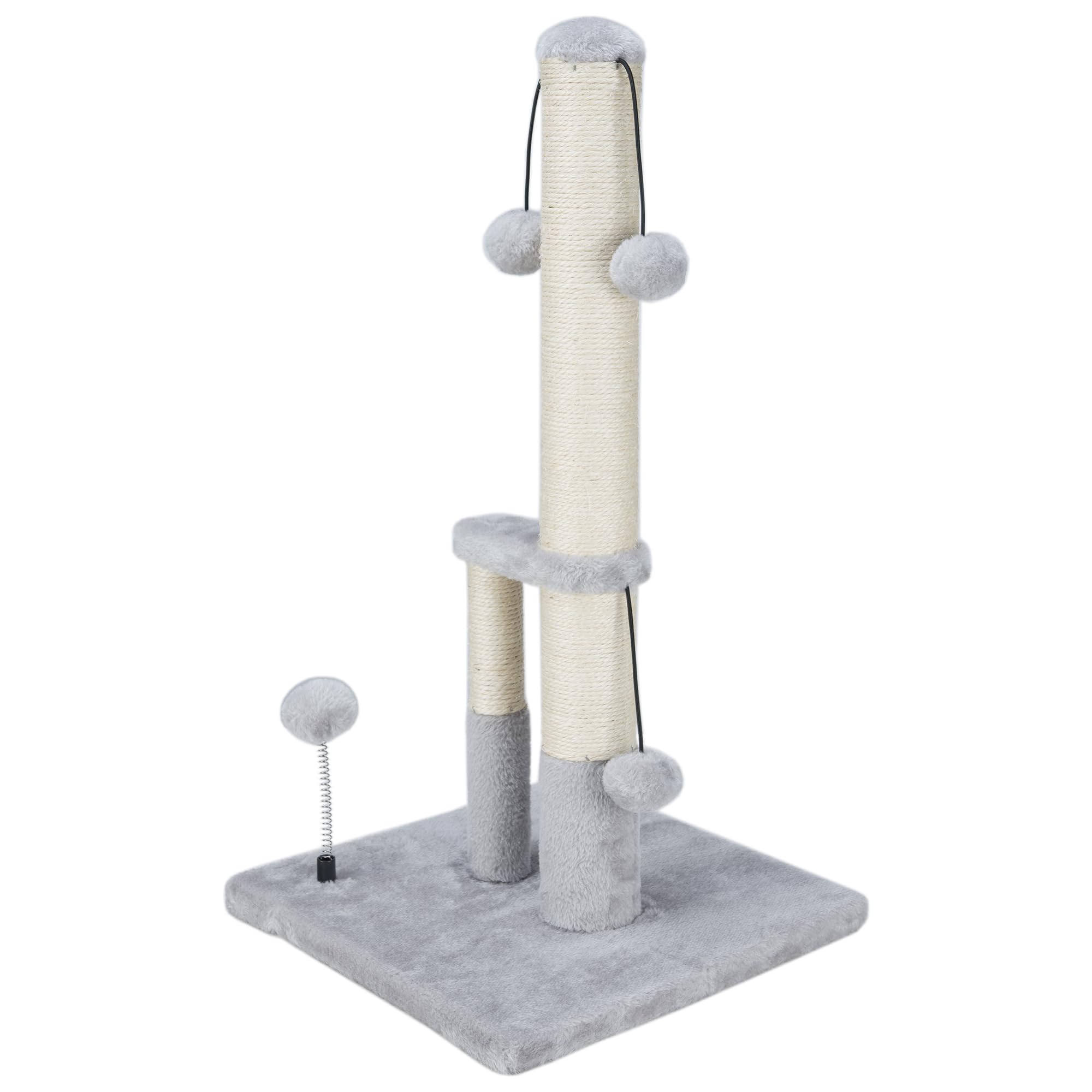 Front. Hirose Alice - Tall Cat Double Lower Posts Extra Stable Tree Scratcher With Sisal Rope And Teasing 4 Balls Total Base - Grey.