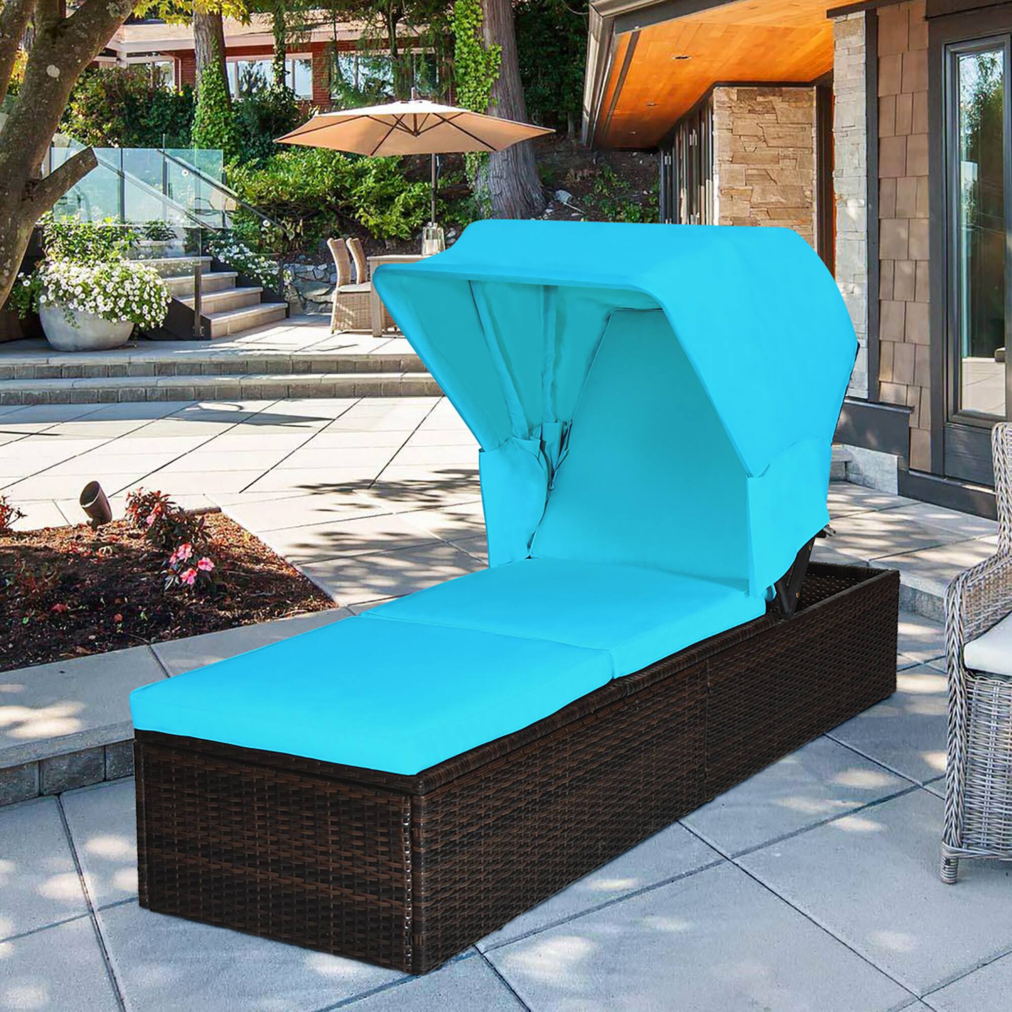 Alt View 1. Costway - Costway Patio Rattan Lounge Chair Chaise Cushioned Top Canopy Adjustable - Turquoise.