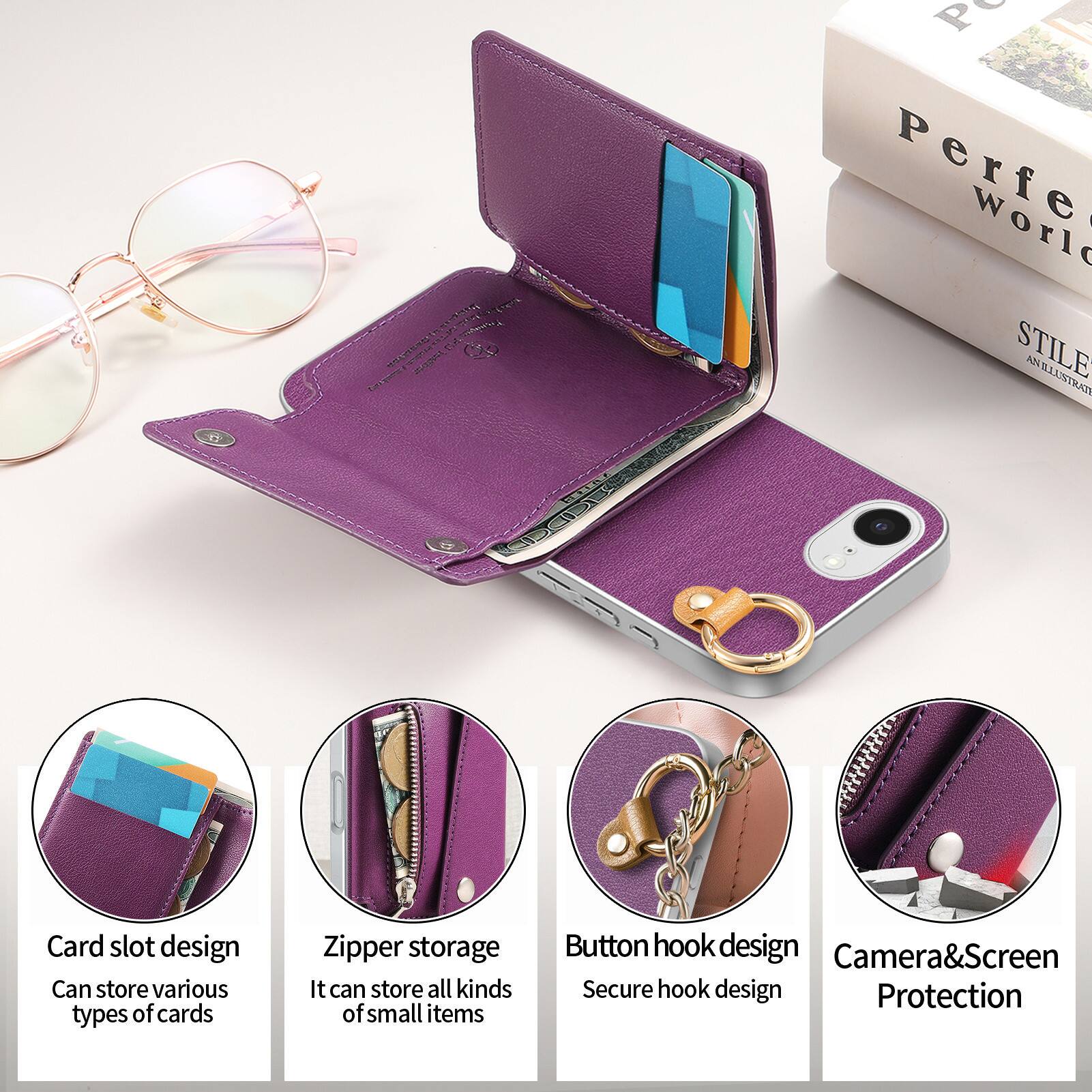 Perfe World STILE AN ILLUSTRATE

Card slot design
Can store various types of cards

Zipper storage
It can store all kinds of small items

Button hook design
Secure hook design

Camera&Screen Protection