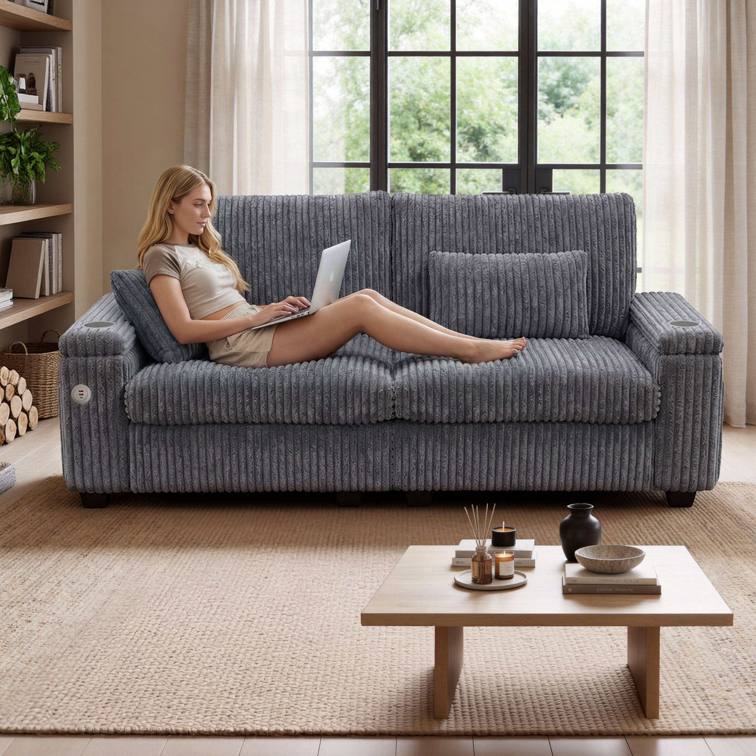 Back. Dyonery - 9" Modern 2-Seater Sofa with Charging Ports, Cup Holders & Armrest Storage - Wide Corduroy Gray - Gray.