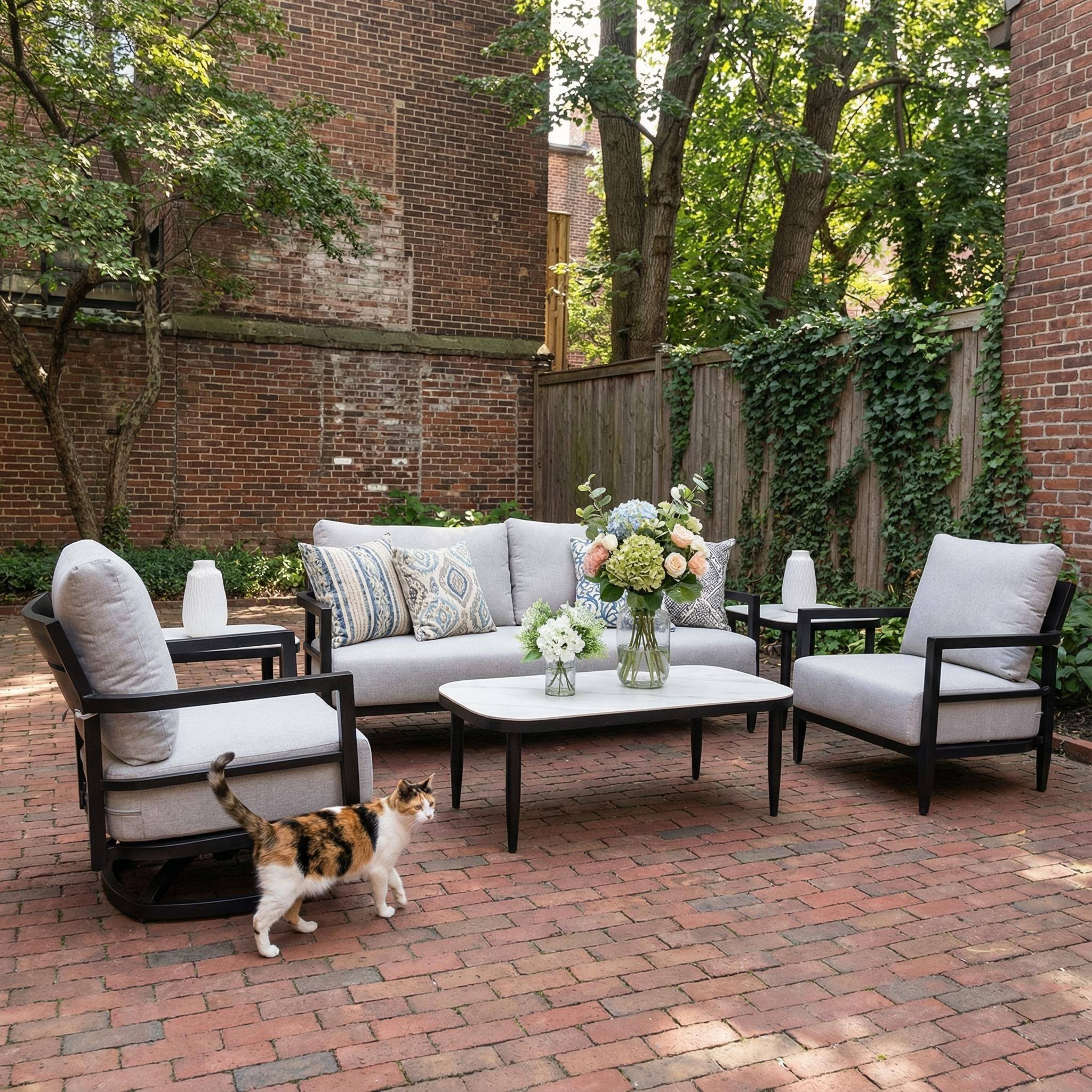 Back. Mondawe - 6-Piece Outdoor Patio Set with Swivel Chair, Club Chair, Bench Sofa, Marble-Inspired Tables, and Sunbrella Cushions - Ember Black+Grey.