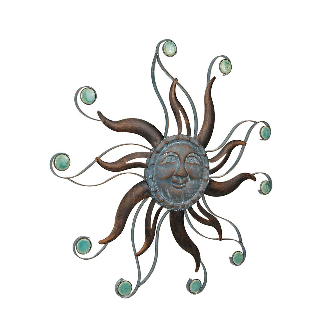 Alt View 1. Zeckos - Antique Copper Finish Metal Sun Face Wall Hanging With Ceramic Bead Accents - Blue.