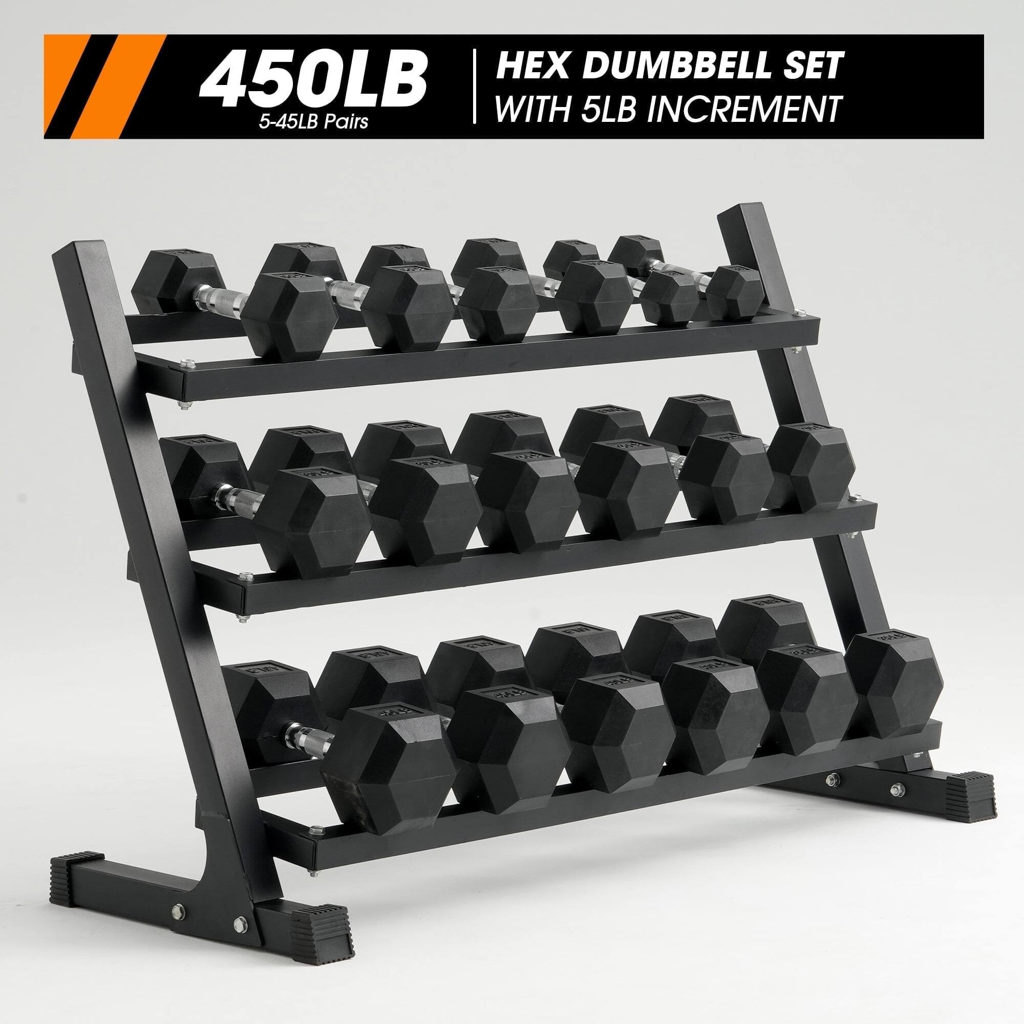 Mikolo - Rubber Hex Dumbbell Set with Racks, Option in 450lbs, Strength Training Weight Set Home Gym - Black