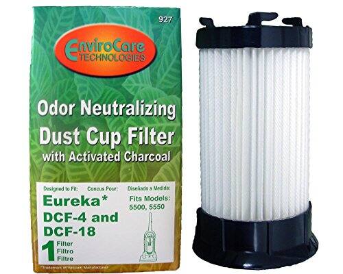 927 EnviroCare Technologies Odor Neutralizing Dust Cup Filter with Activated Charcoal  
Designed to Fit: Eureka* DCF-4 and DCF-18  
Fits Models: 5500, 5550  
Concus Pour: Diseñado a Medida: Eureka*  
Filtro Filtre