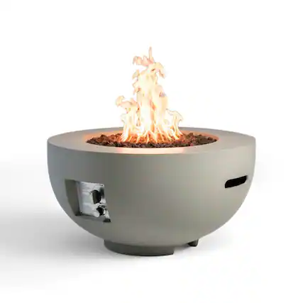 Front. TinyHomie - Outdoor Round Propane Fire Pit Table 28 inch Light Concrete Lava Rocks Rain Cover Burner Lid Light Grey.