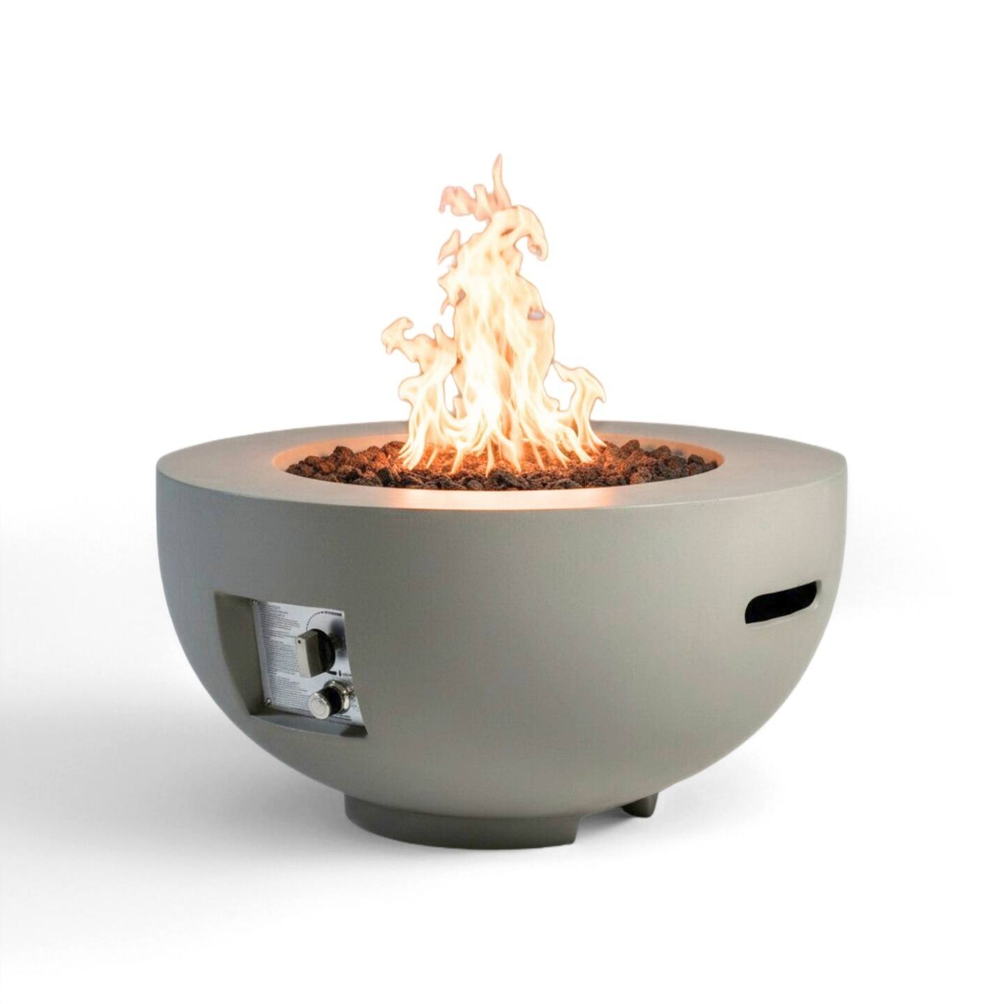 Front. TinyHomie - Outdoor Round Propane Fire Pit Table 28 inch Light Concrete Lava Rocks Rain Cover Burner Lid Light Grey.