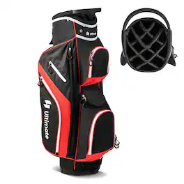 Costway - Lightweight Golf Cart Bag with 14 Way Top Dividers 9 Pockets Rain Hood Cooler Bag - Red