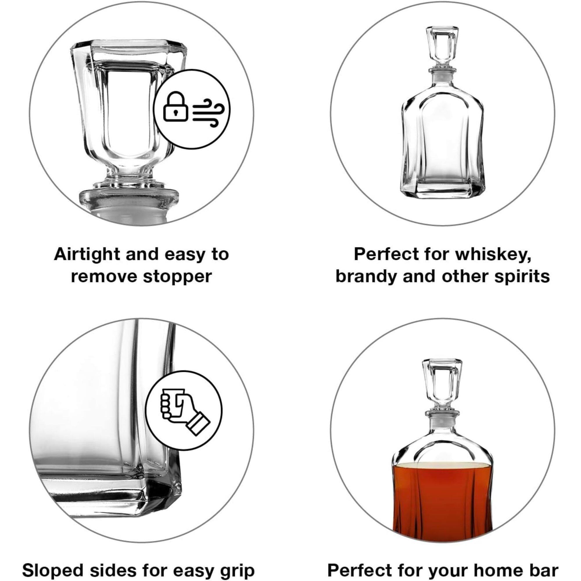 Airtight and easy to remove stopper  
Perfect for whiskey, brandy and other spirits  
Sloped sides for easy grip  
Perfect for your home bar