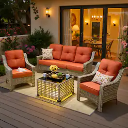 Ovios - 4 PCS Patio Furniture Set 3 Seat Comfy Sofa All-Weather Wicker Armchairs with Coffee Table - Coarse Orange Red