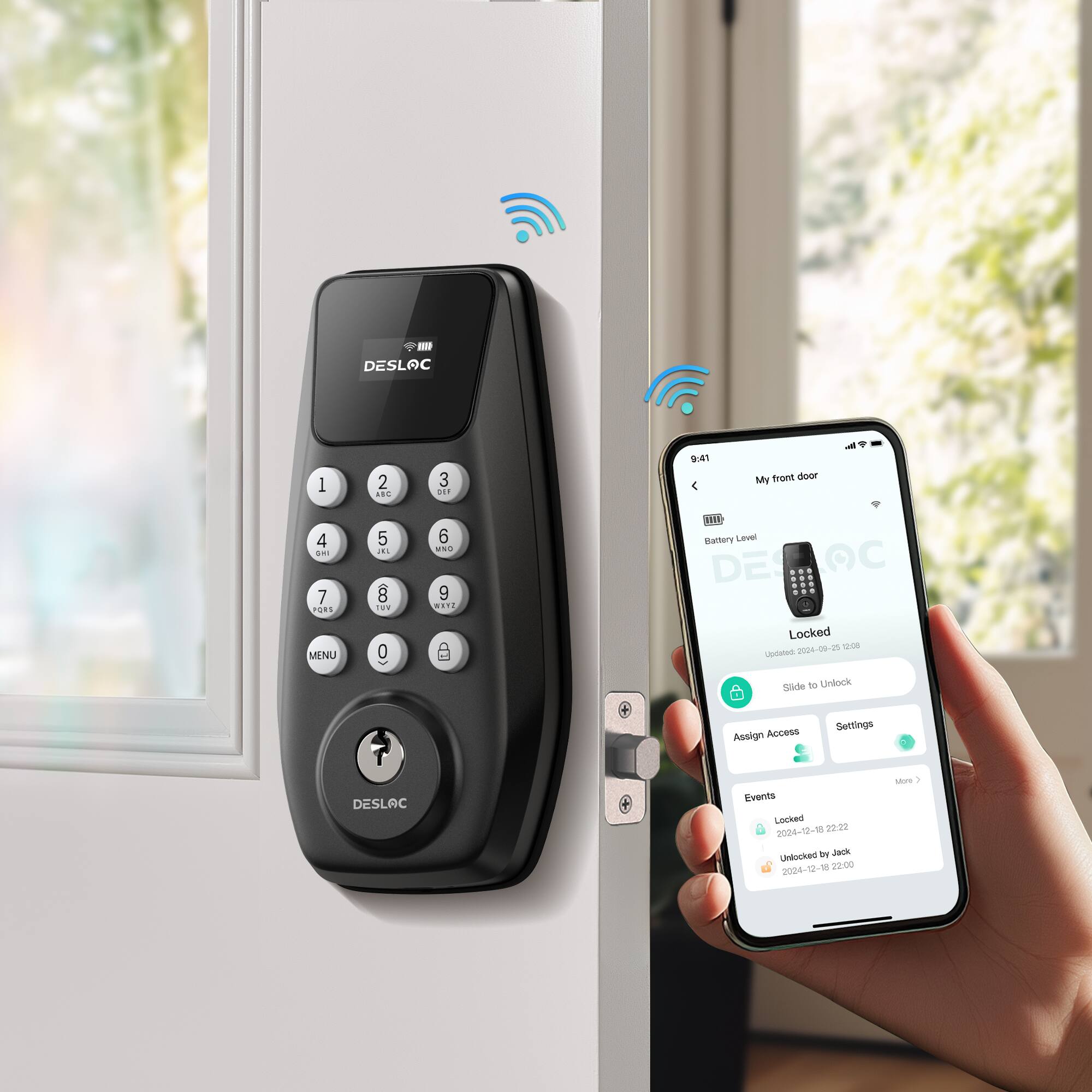 E0 DESLOC 1 2 E 3 21 9:41  
My front door 4 a 7 FORS 5 ... 8  6 WO 9 ET NIVT Battery Lese DES DEMOC QC MENU 0 Locked 22-40-1000 Q:0s Upoated Side 10 Unlock Assign Access Settings DESLAC Eventa Locked 2004-12-18 22:20 Unfocked De Jack 1  22:00 202-12 MAOE :