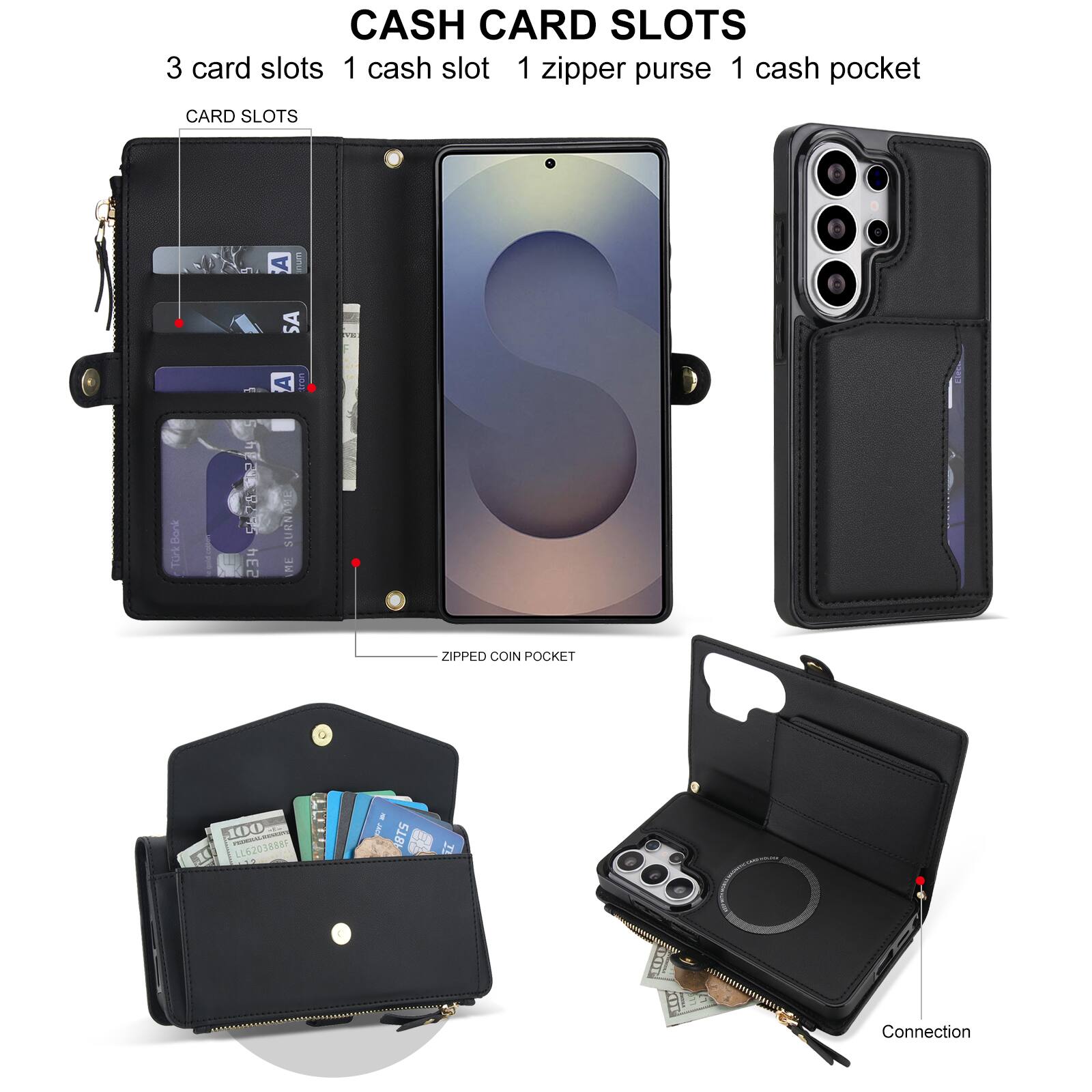 CASH CARD SLOTS  
3 card slots  
1 cash slot  
1 zipper purse  
1 cash pocket  

CARD SLOTS  

ZIPPED COIN POCKET  

Connection