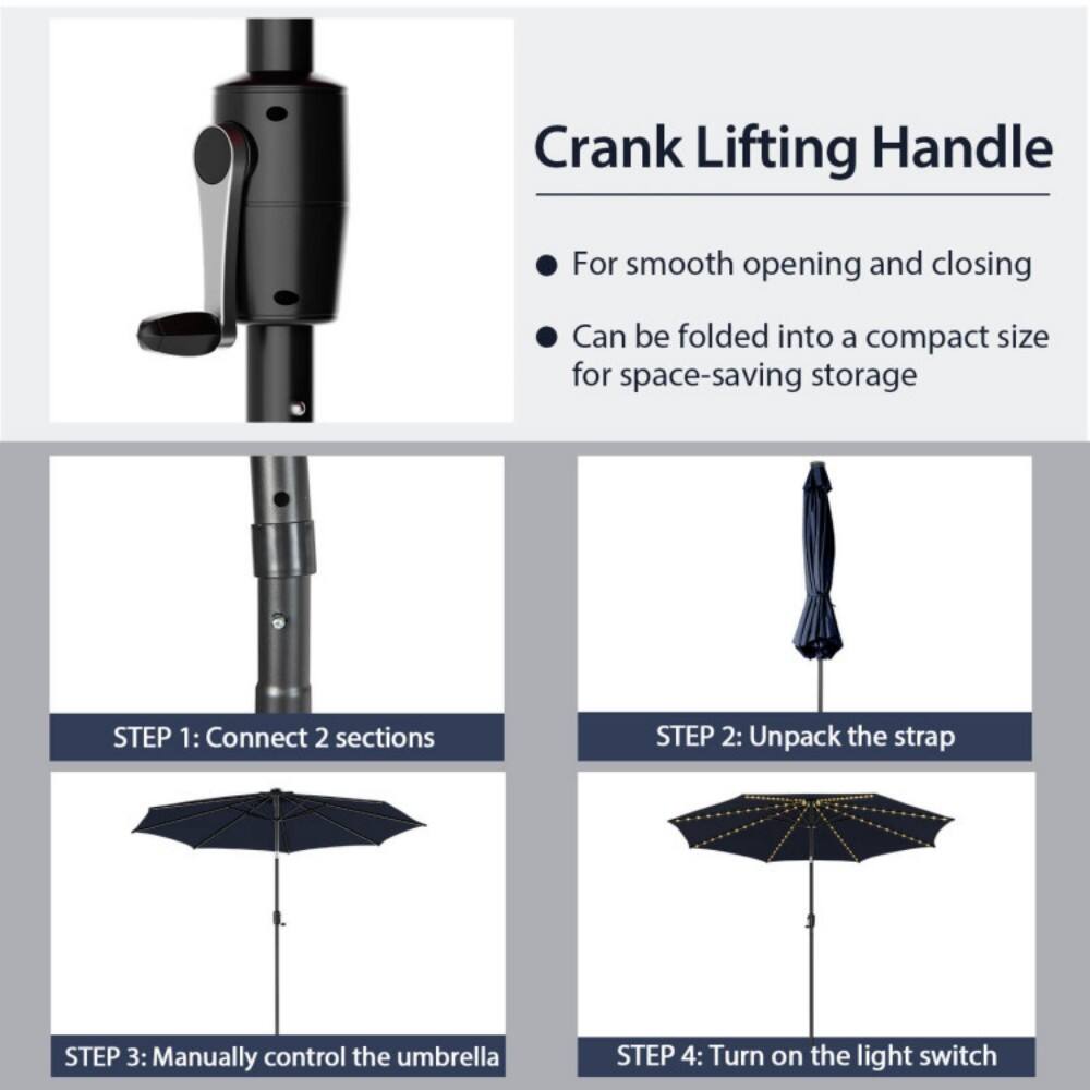 Crank Lifting Handle  
- For smooth opening and closing  
- Can be folded into a compact size for space-saving storage  

STEP 1: Connect 2 sections  
STEP 2: Unpack the strap  
STEP 3: Manually control the umbrella  
STEP 4: Turn on the light switch