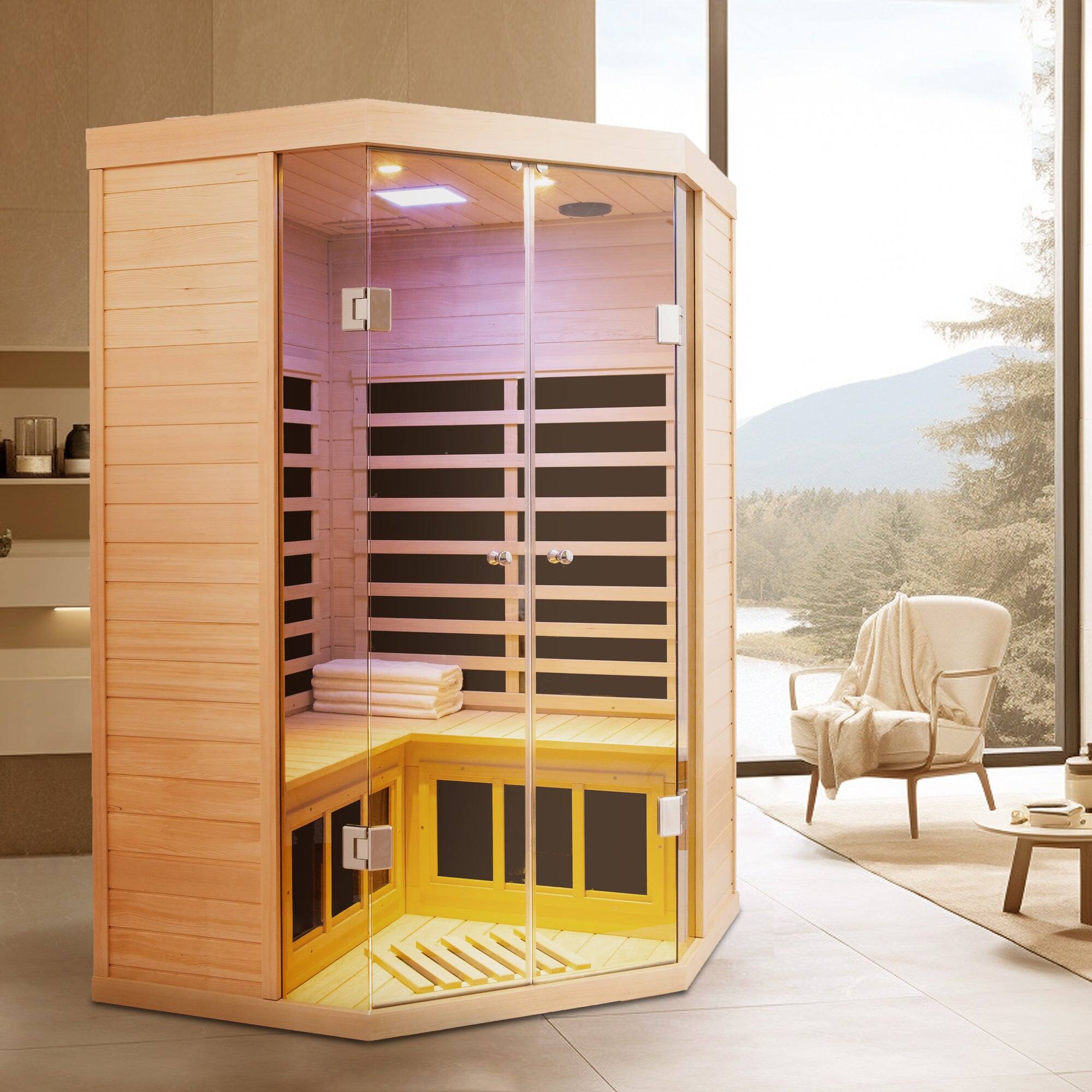 Alt View 2. Boyel Living - Two-Person Hemlock Far Infrared Corner Sauna with Bluetooth and LED Lights - Natural.