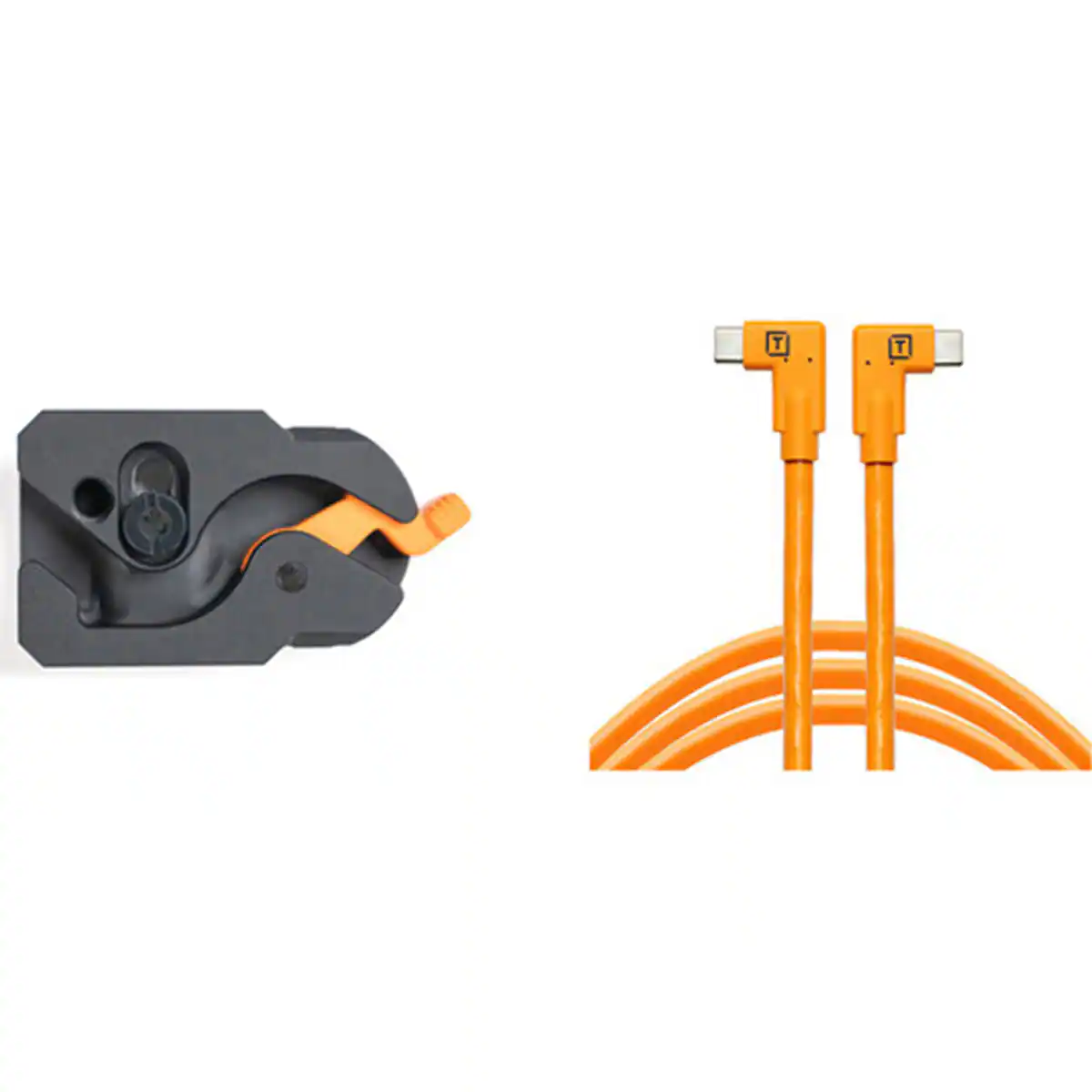 Front. Tether Tools - Tether Tools TetherGuard LeverLock Plate and TetherPro 15' USB-C Dual Right Angle Cable, High-Visibility Orange.