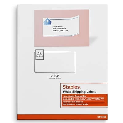 Staples - Laser/Inkjet Shipping Labels, 2" x 4", 10 Labels/Sheet, 250 Sheets/Pack, 2500 Labels/Box - White