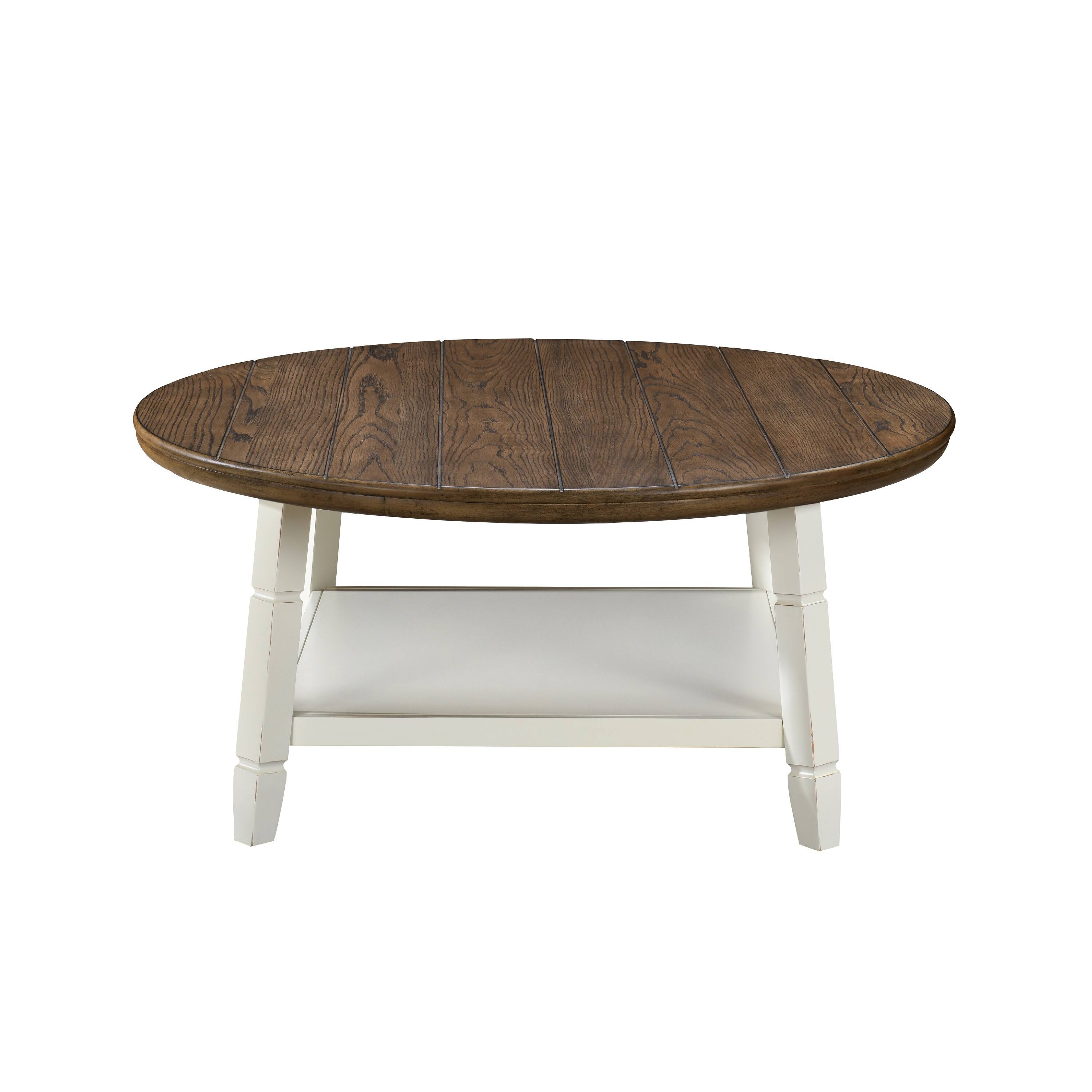 Left. Manhattan Lane - Ethy 3pc Round Coffee Table & End Table Set, Lower Shelf - Brown, White.