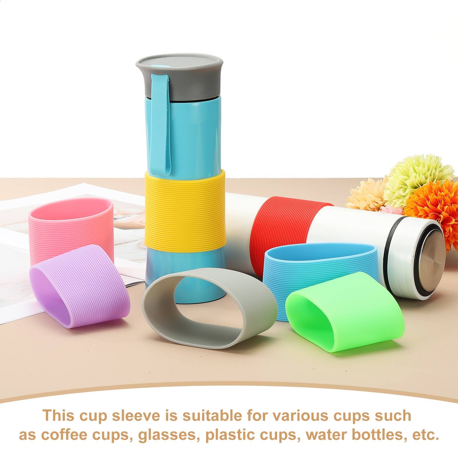 This cup sleeve is suitable for various cups such as coffee cups, glasses, plastic cups, water bottles, etc.