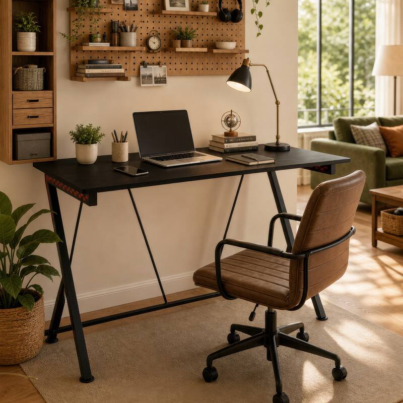 Front. WELLFOR - 46" Gaming Desk, Modern  Ergonomic Computer Desk for Adults, Home Office Desk - Black.