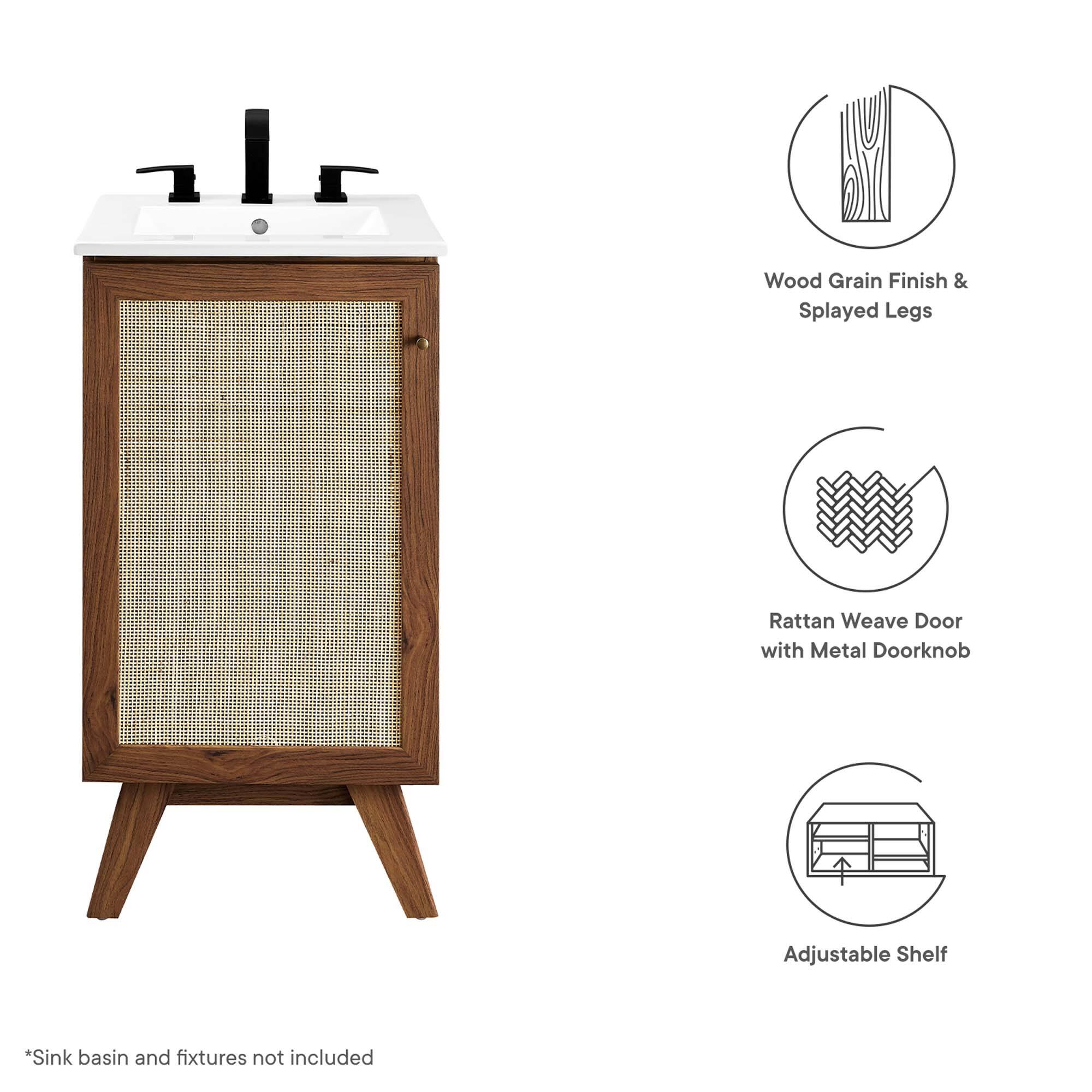 Wood Grain Finish & Splayed Legs  
Rattan Weave Door with Metal Doorknob  
Adjustable Shelf  

*Sink basin and fixtures not included