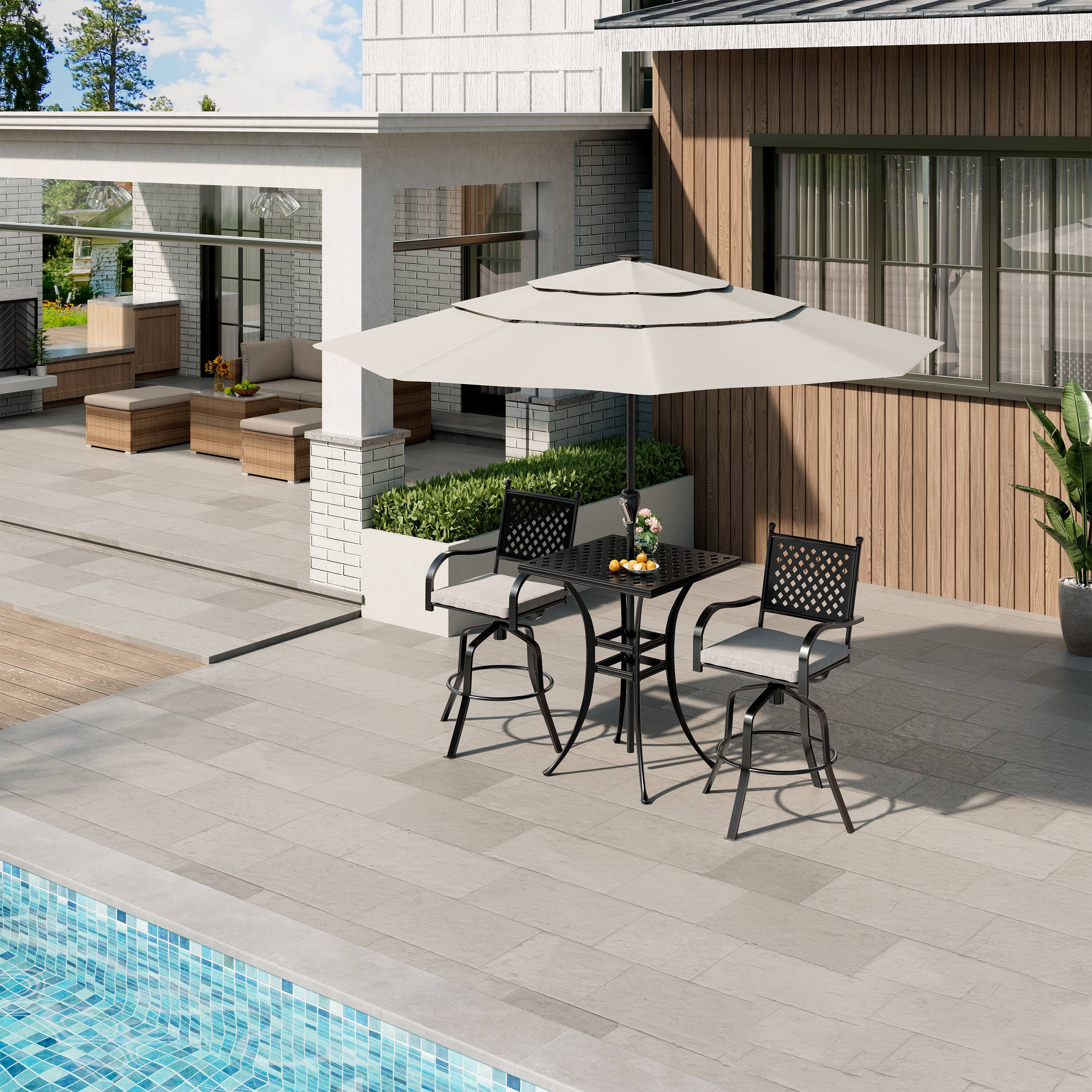 Angle. Mondawe - 3-Piece Outdoor Dining Set with Swivel Chairs and Yarn-dyed Fabric Cushions - Black+Beige.