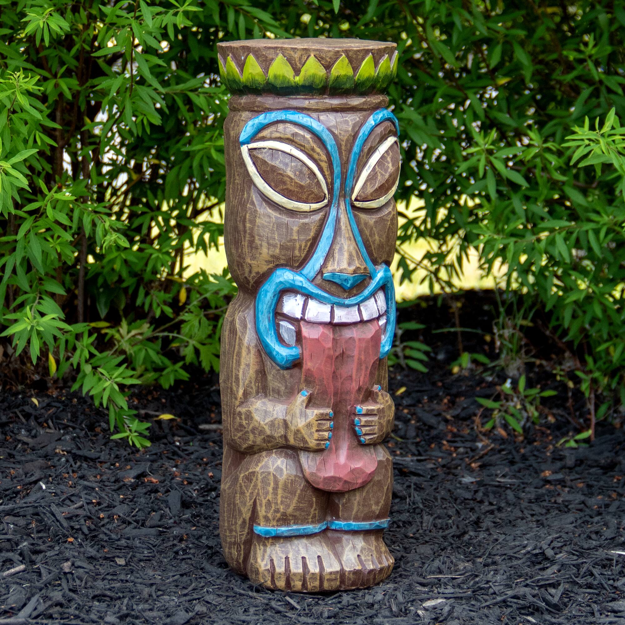Alt View 1. Northlight - 16" Solar Lighted Polynesian Outdoor Garden Tongue Out Tiki Statue - Brown.