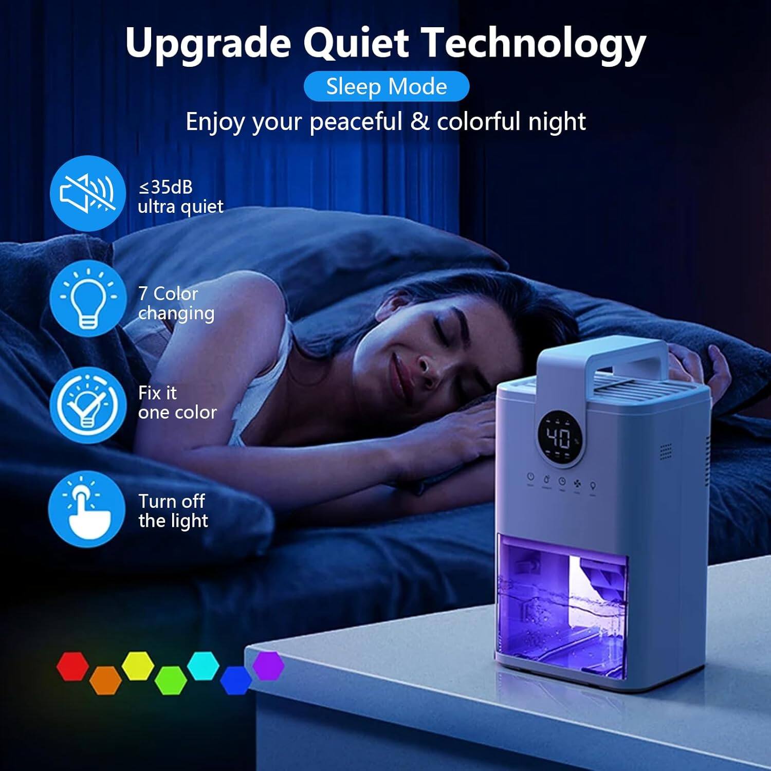 Upgrade Quiet Technology  
Sleep Mode  
Enjoy your peaceful & colorful night  

- ≤35dB ultra quiet  
- 7 Color changing  
- Fix it one color  
- Turn off the light