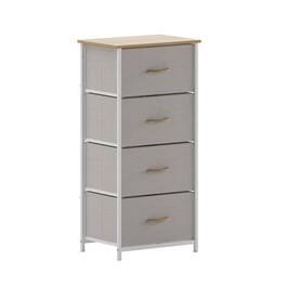 Emma + Oliver - Marley 4 Drawer Storage Dresser with Cast Iron Frame, Wood Top and Easy Pull Fabric Drawers with Wooden Handles - Beige Drawers/White Frame