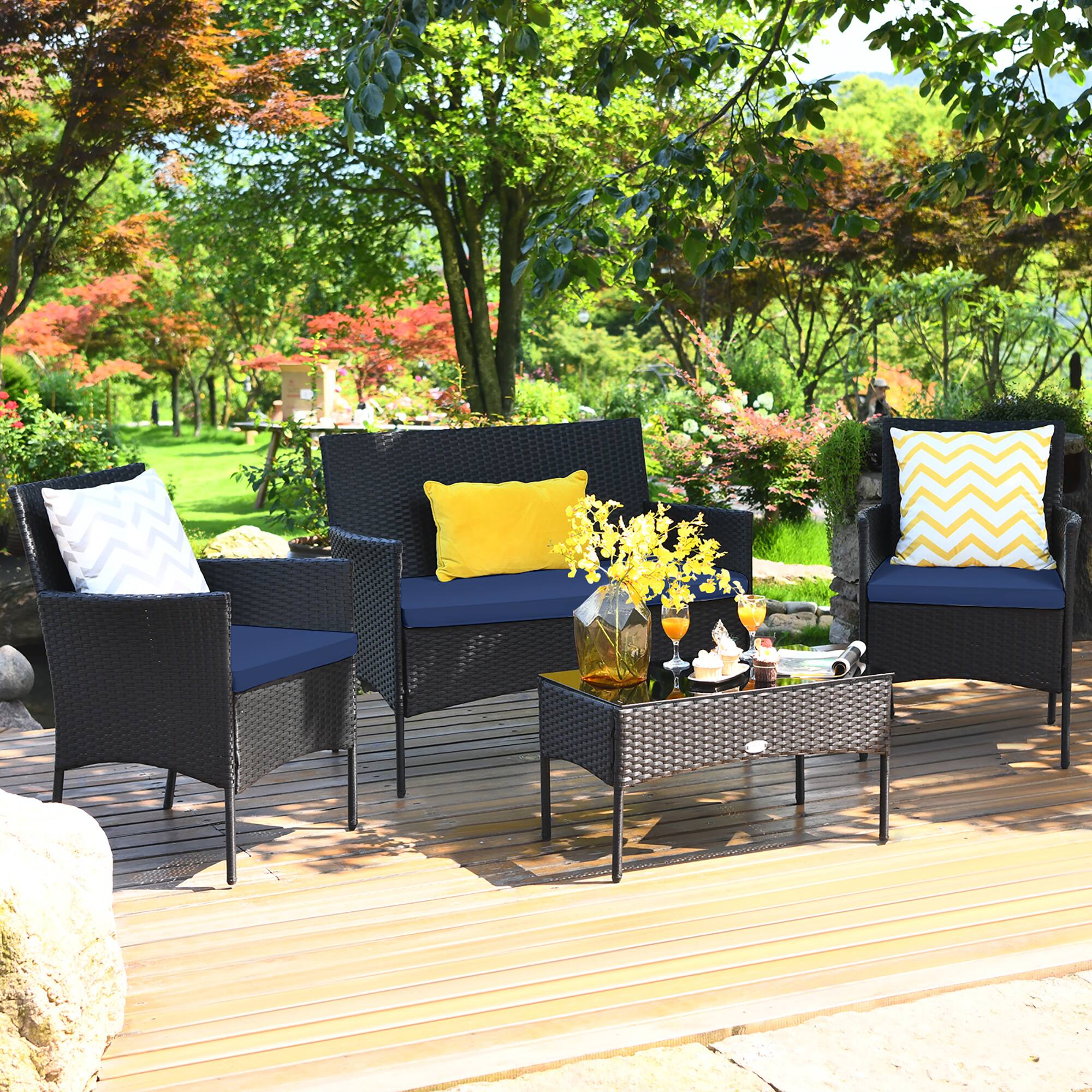 Alt View 2. Costway - Costway 4PCS Patio Wicker Furniture Set Coffee Table Cushions w/ Cover - Multicolor.