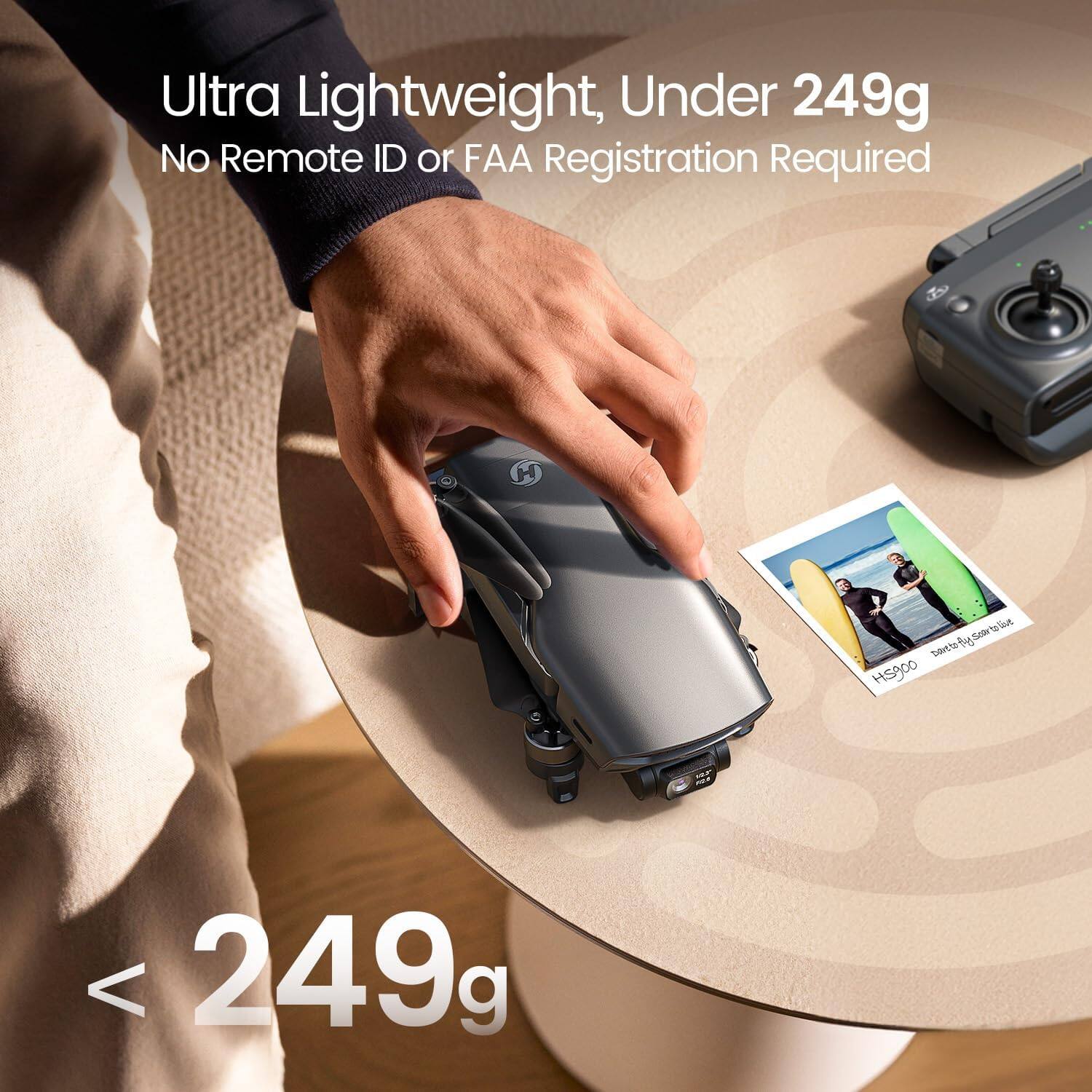 Ultra Lightweight, Under 249g  
No Remote ID or FAA Registration Required  

H  
to live fly Soar paveto HS900  
-  
< 249g