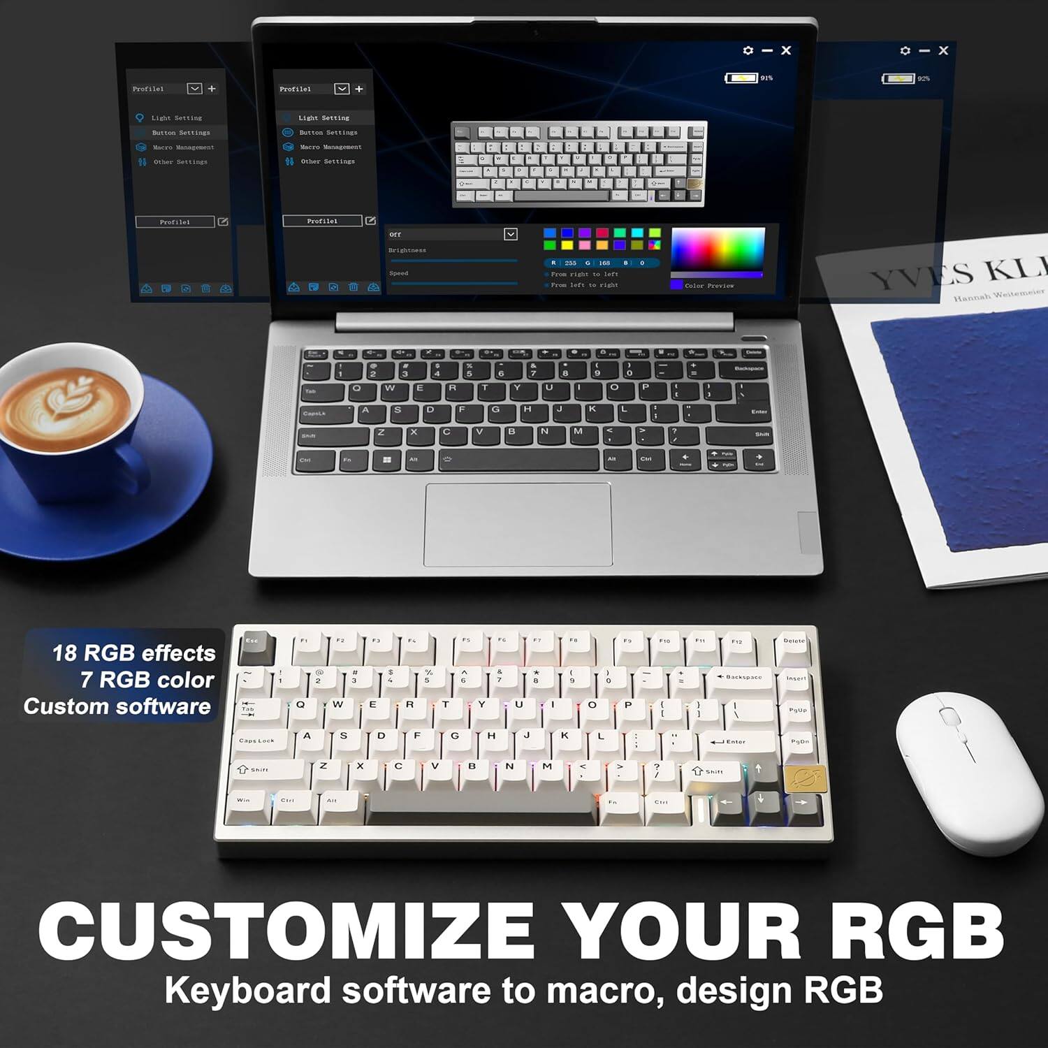 The text in the image reads:

"Customize your RGB keyboard software to macro, design RGB effects, 7 RGB color Custom software."

The text on the image is:

"18 RGB effects
7 RGB color
Custom software
Glorious RGB
CUSTOMIZE YOUR RGB
Keyboard software to macro, design RGB"