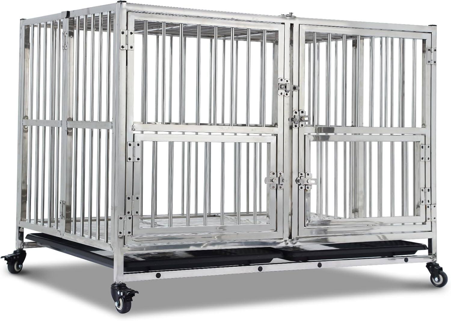 Front. Acekool - 48 Inch Heavy Duty Indestructible Dog Crate, Stainless Steel Dog Cage with Lockable Wheels, Double Door, Silver.