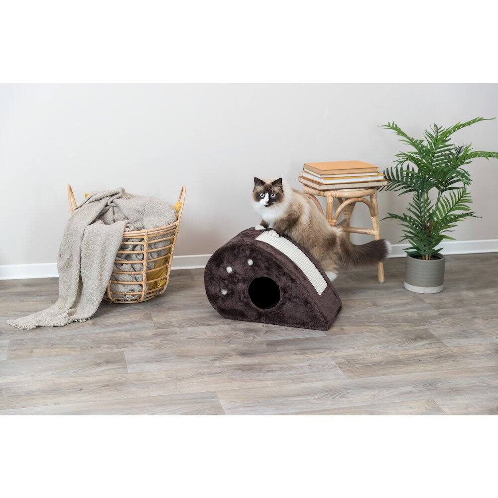 Angle. TRIXIE - Topi Plush Cover Indoor Cat Condo with Sisal Scratching Surface & Cat Toys - Brown.