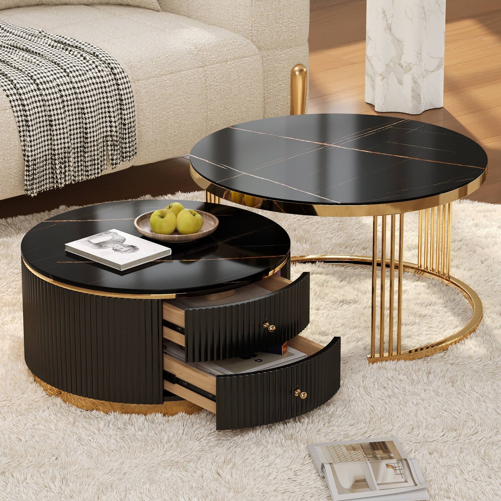 Alt View 3. Loheer - Modern 2-Piece Black Round Nesting Coffee Table with Drawers, Space-Saving Design & Hidden Storage, 27.6" - Black.