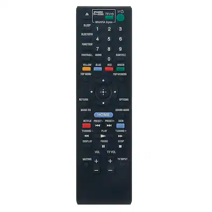 SPEAKERS TV/AUDIO TVI/O 1/ BRAVIA Sync SLEEP 1 2 3 BLUETOOTH 4 5 6 FUNCTION 7 8 9 FOOTBALL AUDIO SUBTITLE 0 YELLOW BLUE RED GREEN TOP MENU POP UP/MENU RETURN OPTIONS MUSIC EQ HOME SOUND MODE NETFLIX PRESET- PRESET+ SEN K TUNING PLAY TUNING DISPLAY PAUSE STOP VOL TV VOL MUTING + TV INPUT
