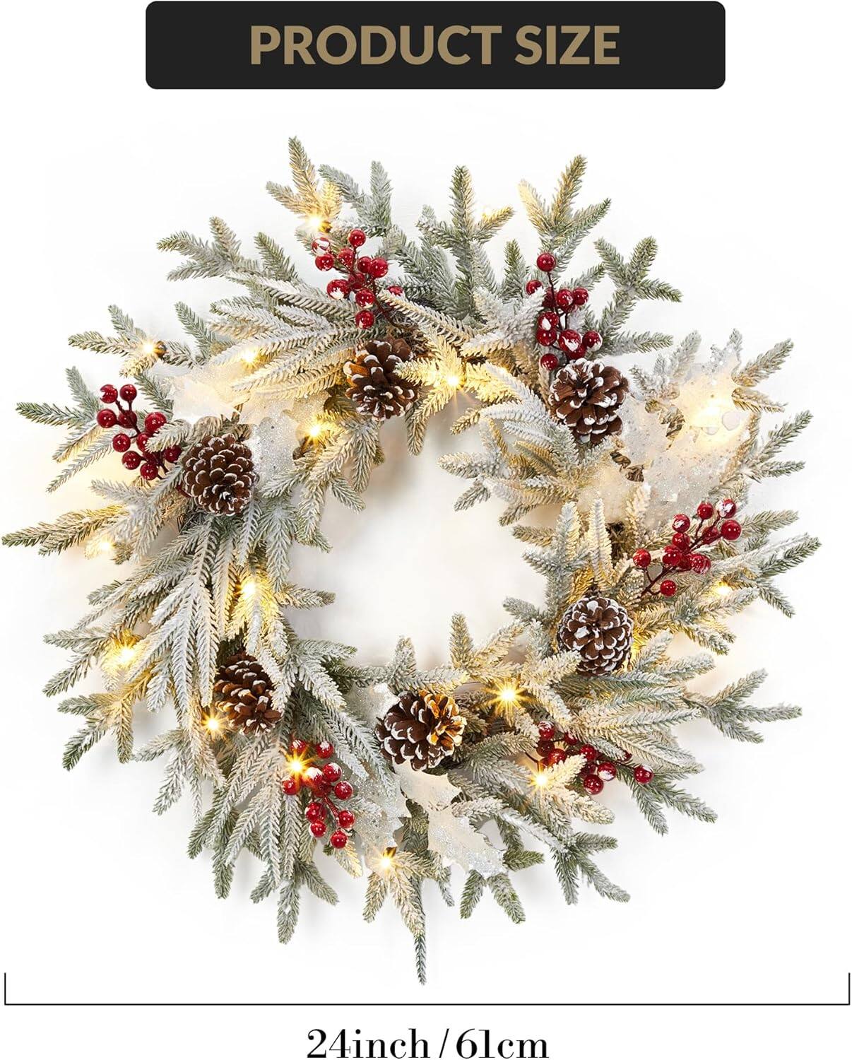 Jojoka - 24-in Christmas Wreath Pre-Lit for Indoor Outdoor Holiday Decorations - Green