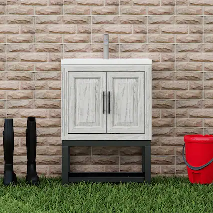 Front. TinyHomie - 24in Bathroom Vanity with White Ceramic Sink and Hot and Cold Faucet Freestanding Bathroom Cabinet with 2 Storage Doors - White.