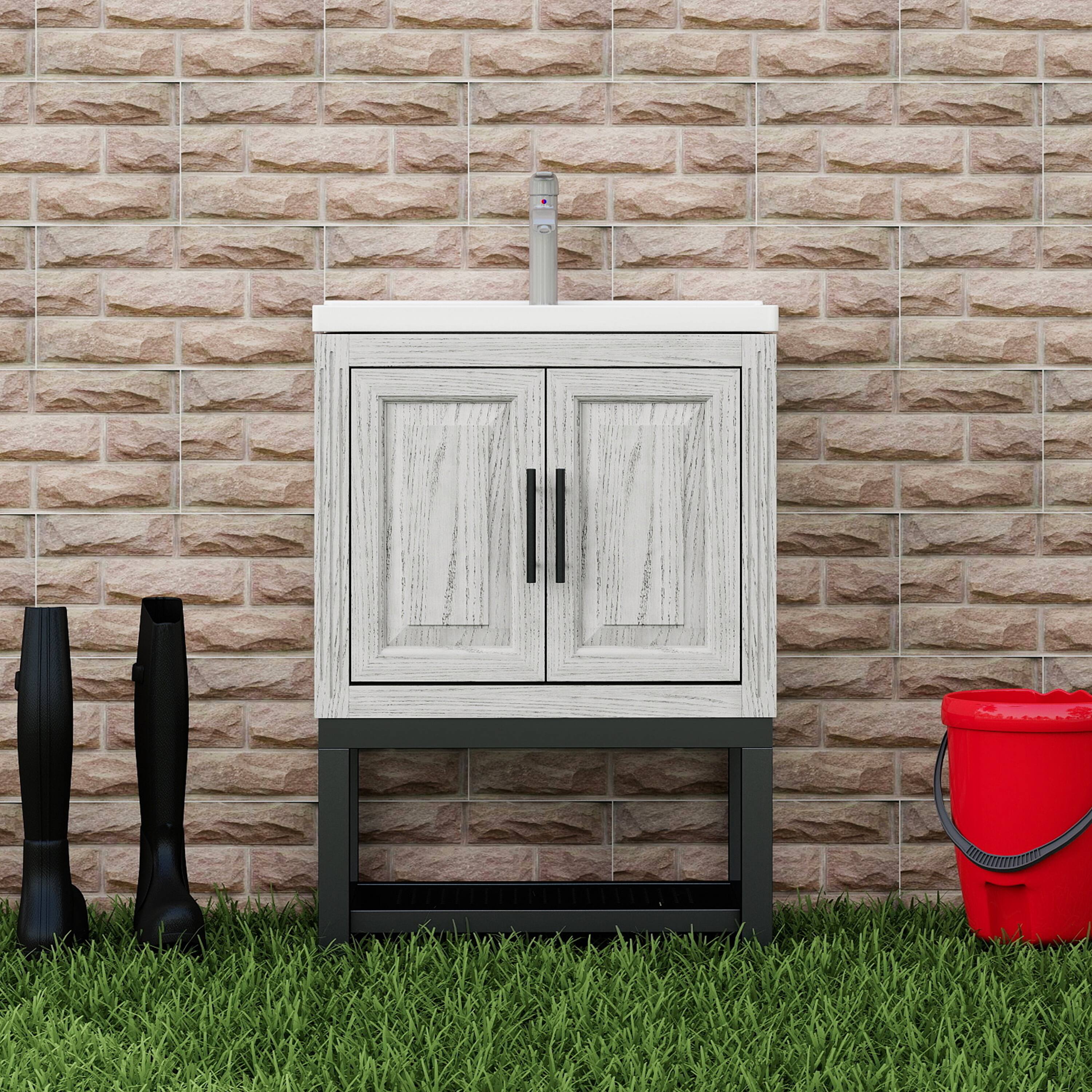 24in Bathroom Vanity with Ceramic Sink and Hot and Cold Faucet Freestanding Bathroom Cabinet with 2 Storage Doors