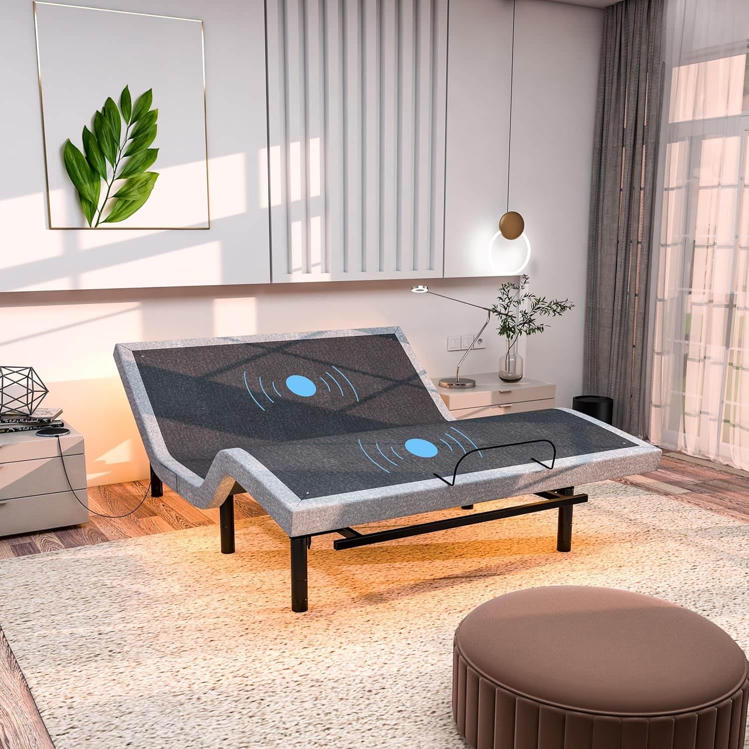Renanim - SFE King Adjustable Bed Frame with 12" Memory Foam Mattress, Massage, USB, Remote & UnderBed Light - Electric Bed - Gray