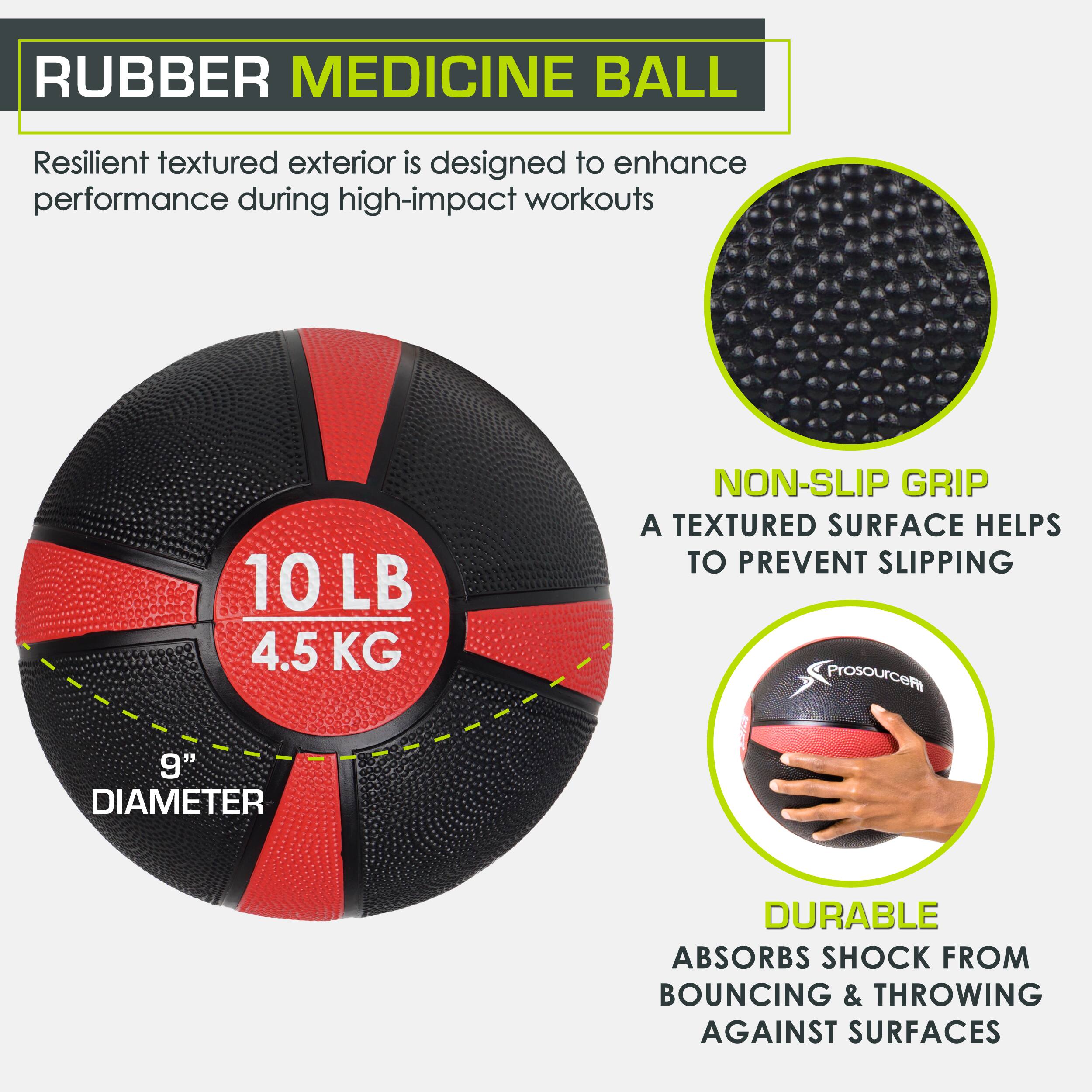 Rubber medicine ball, resilient textured exterior is designed to enhance performance during high-impact workouts, 10 LB 4.5 KG, non-slip grip, a textured surface helps to prevent slipping, durable, absorbs shock from bouncing & throwing against surfaces.
